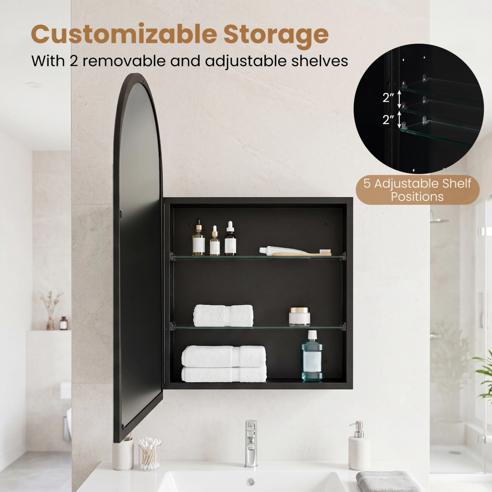 SUGIFT Wall-Mounted Storage Cabinet with Arched Mirror 11-lb Shelf Capacity Black