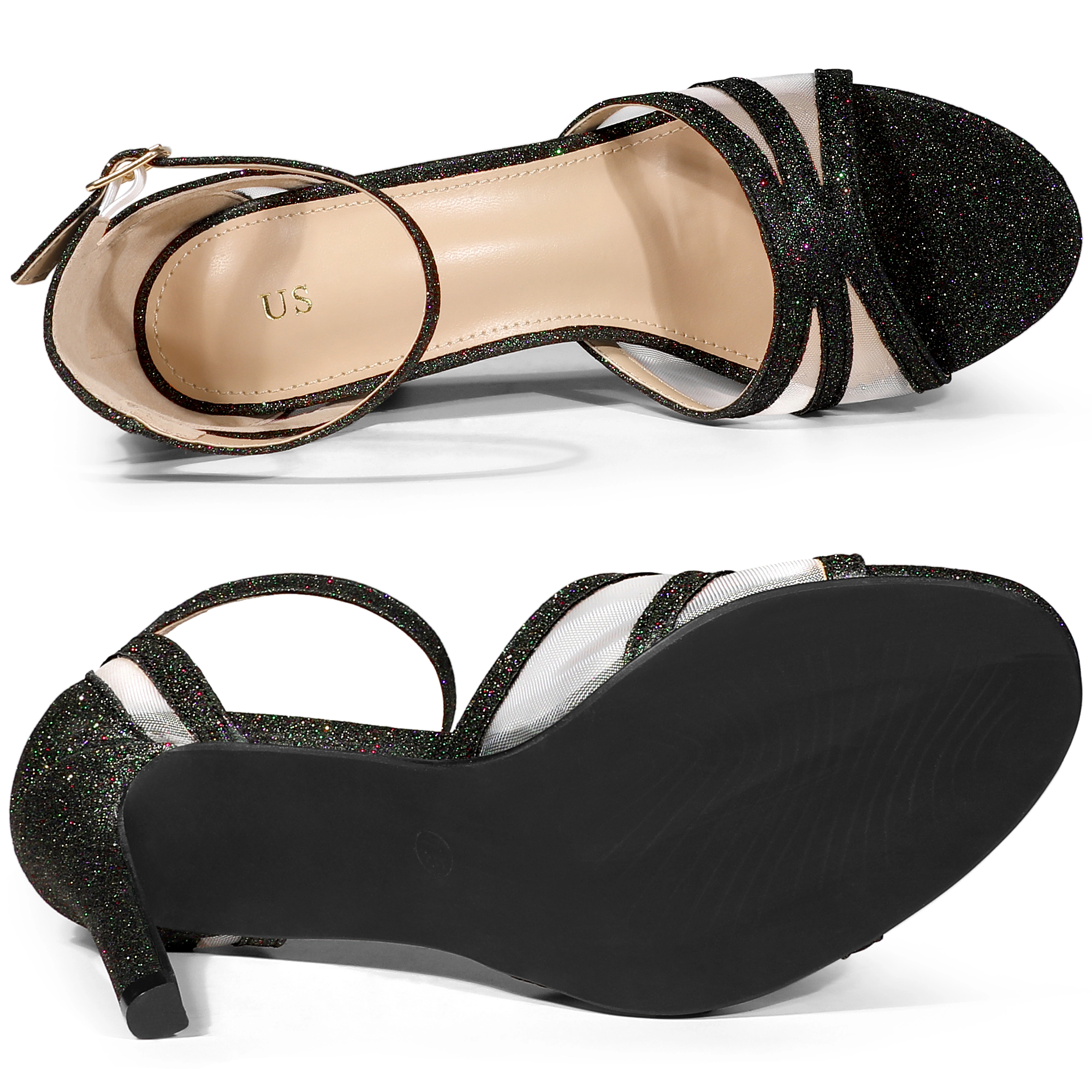 BLISSFUL STEP Women's See Through Glitter Ankle Strap Stiletto Heels Sandals