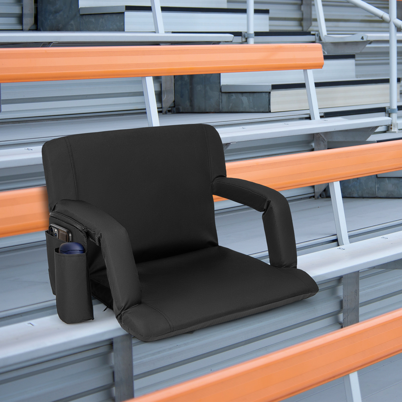 SUGIFT 6-Position Adjustable Backrest Stadium Seat Cushion Ottoman 330-lb Capacity 24.5-in Wide 8-lb Portable Black
