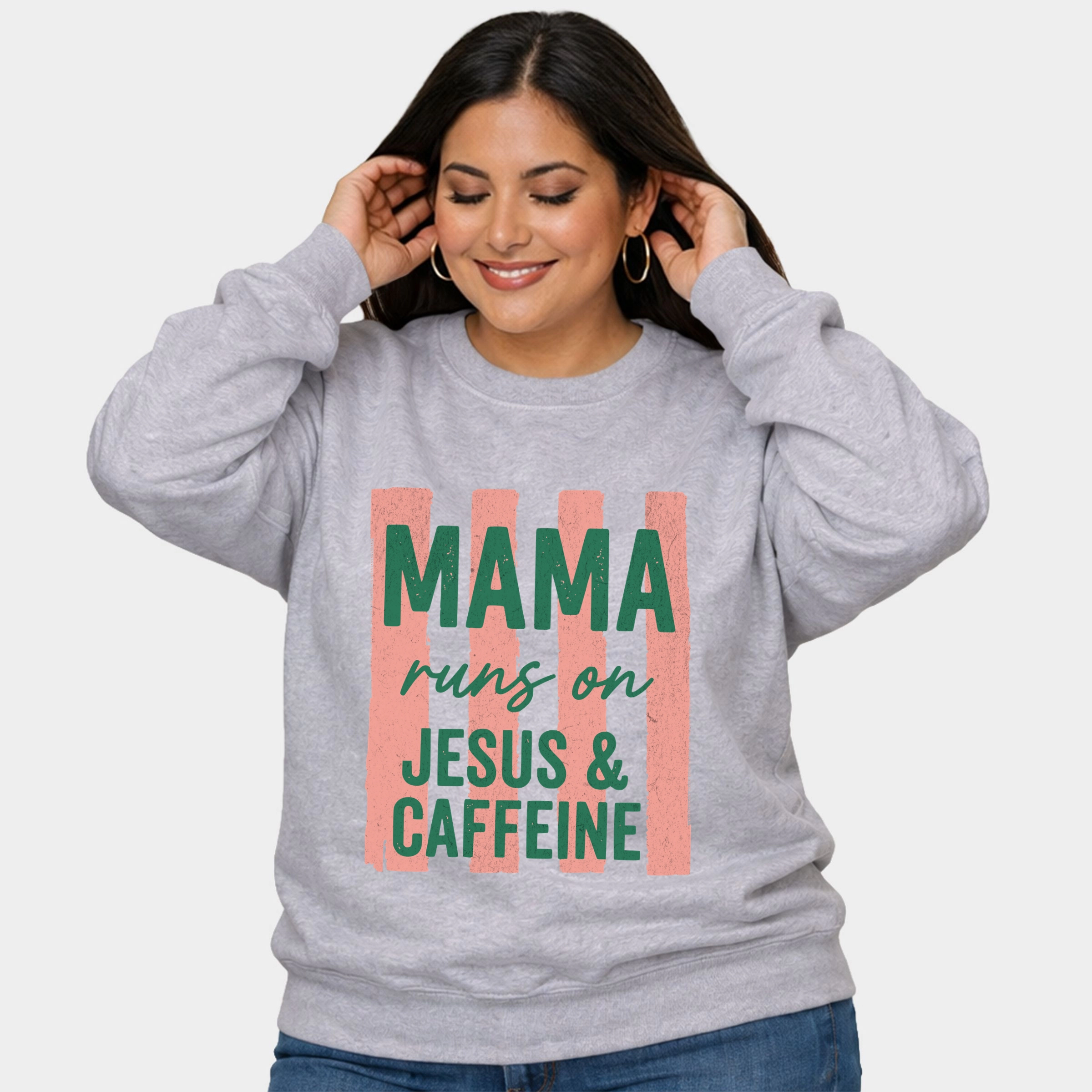Simply Sage Market - Mama Runs On Jesus and Caffeine  Women's Plus Sized Graphic Sweatshirt