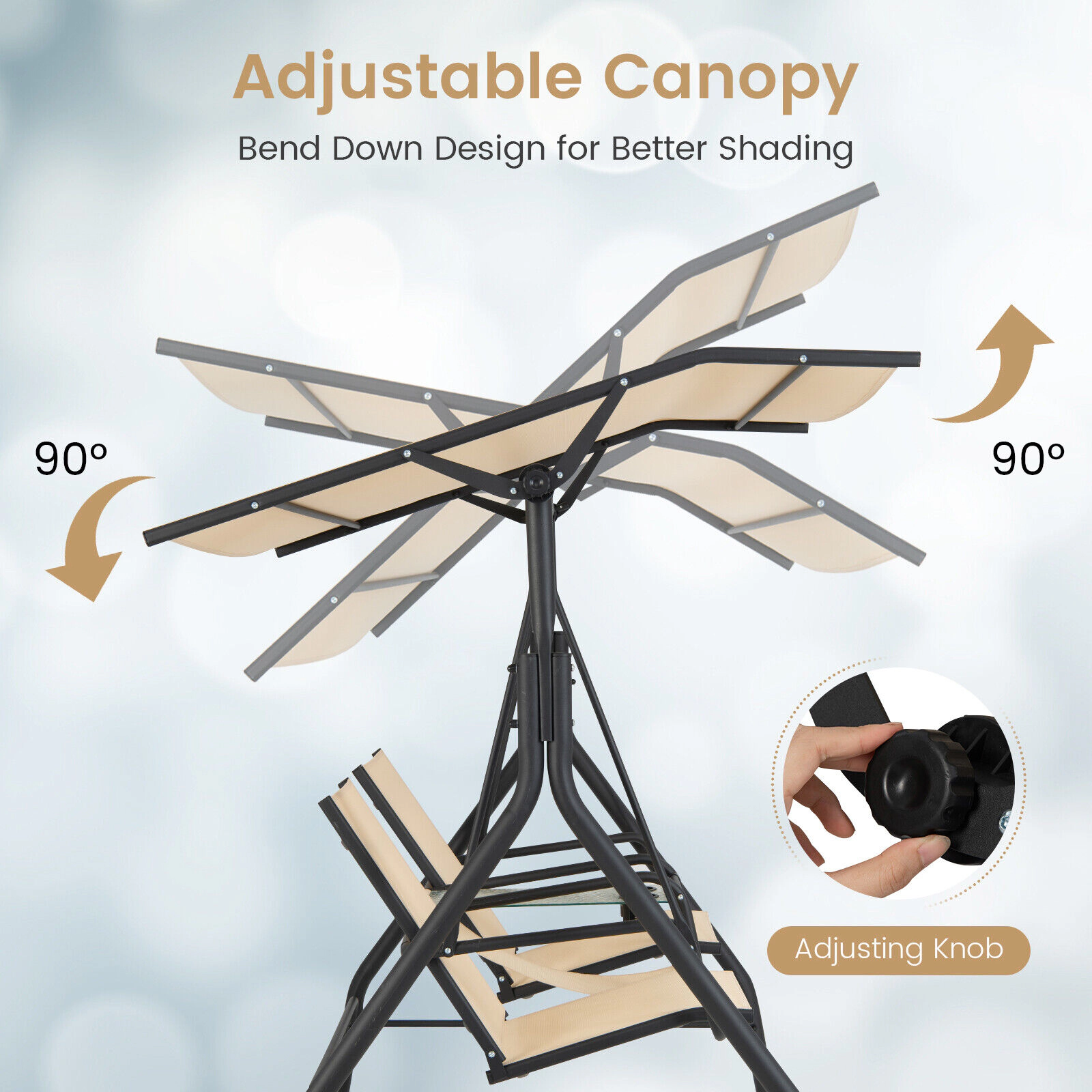 SUGIFT 2-Seat Outdoor Cushioned Porch Swing with Adjustable Canopy and Tempered Glass Table 530-lb Capacity Beige