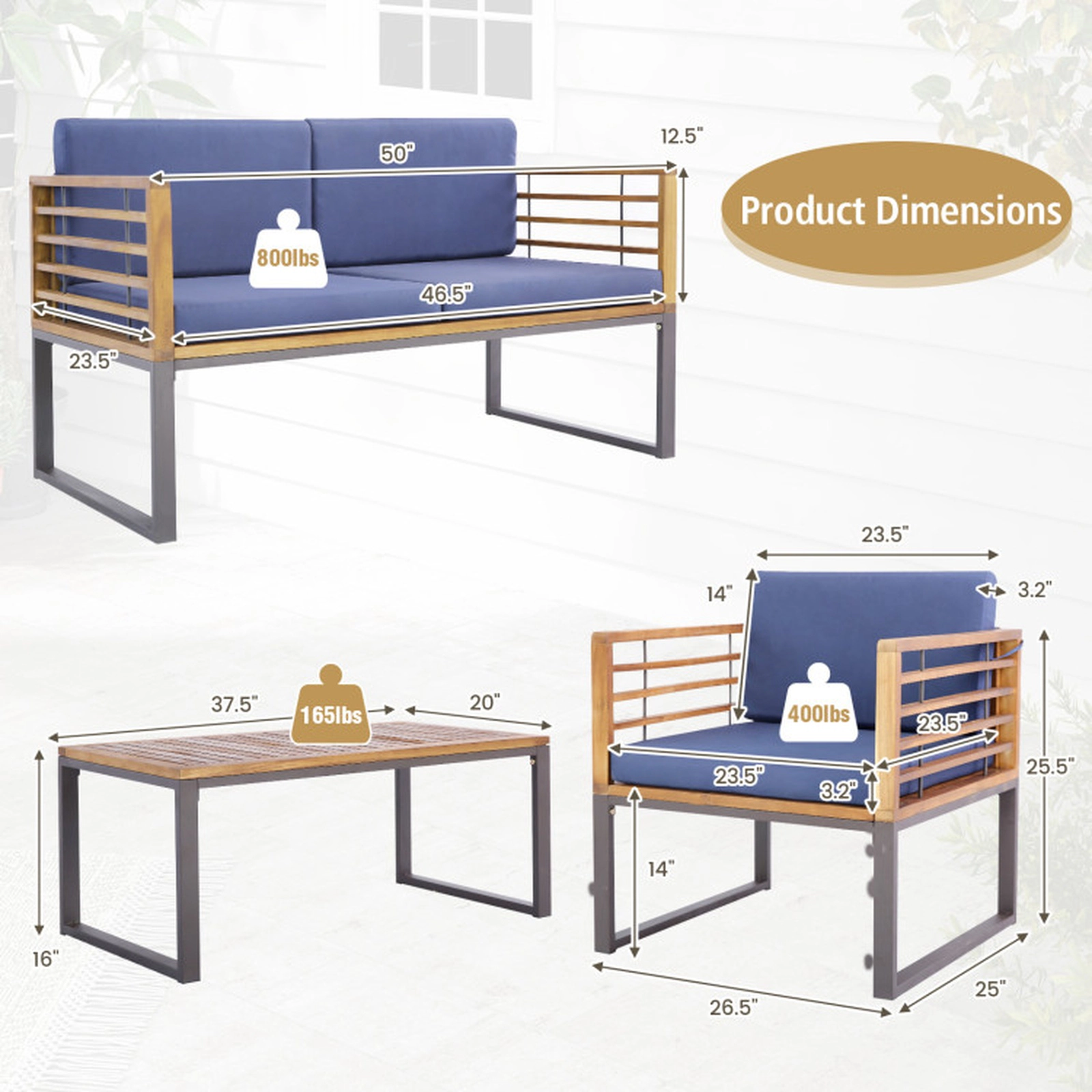 SUGIFT 4 Piece Patio Acacia Wood and Metal Conversation Set with Soft Cushions 400/800-lb Capacity Navy Blue