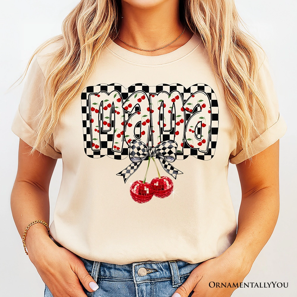 OrnamentallyYou Womens Checkered Cherry Disco Mama T-Shirt