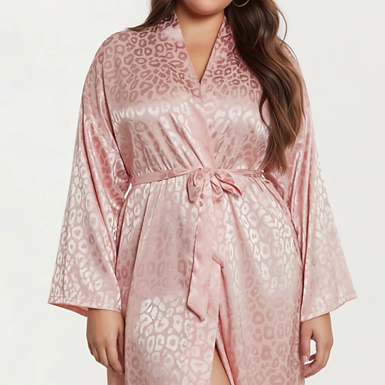 Anna-Kaci Women's Satin Jacquard Leopard Pattern Robe Waist Tie Silky Fabric Wide Sleeves and Longline Silhouette