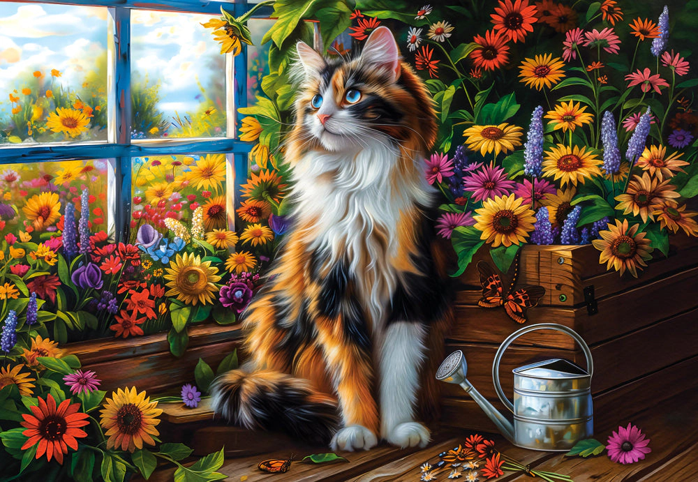 CASTORLAND 1000 Piece Jigsaw Puzzles, Blooming Cat Meditation, Cat puzzle, Flower scennery, Charming view, C-105342-2