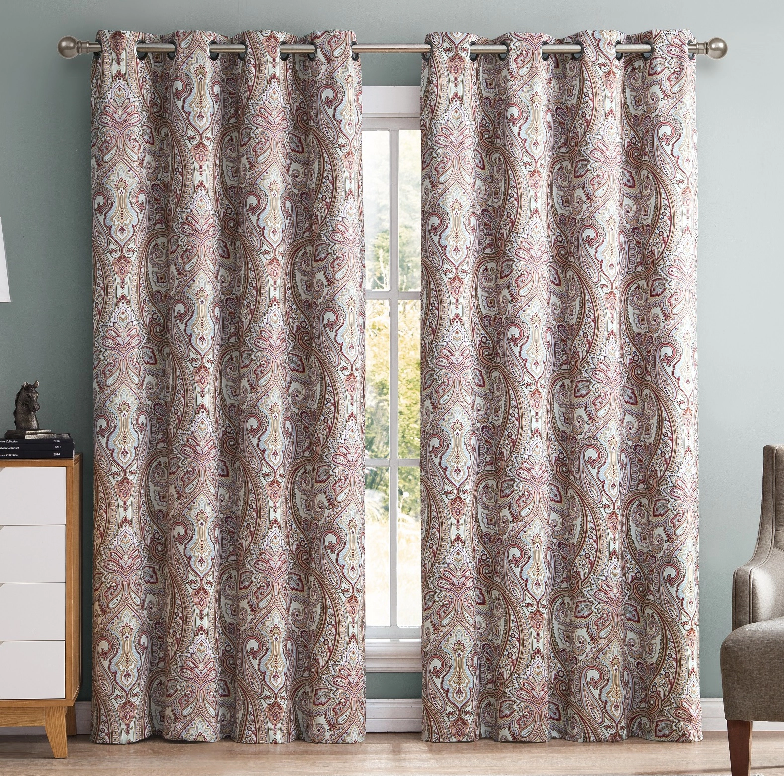 HLC.ME Paris Paisley Decorative Print Damask Pattern Semi-Blackout Room Darkening Grommet Panels - Set of 2