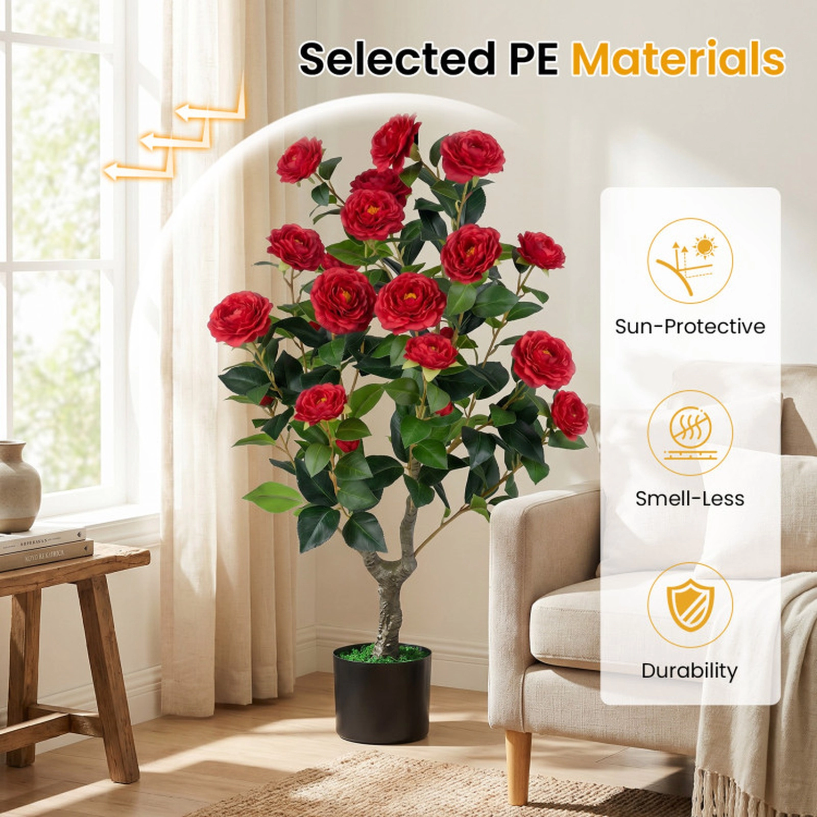 SUGIFT 35.5-in Artificial Red Camellia Tree with Dense Blooms Decorative Grass and Cement-Filled Pot