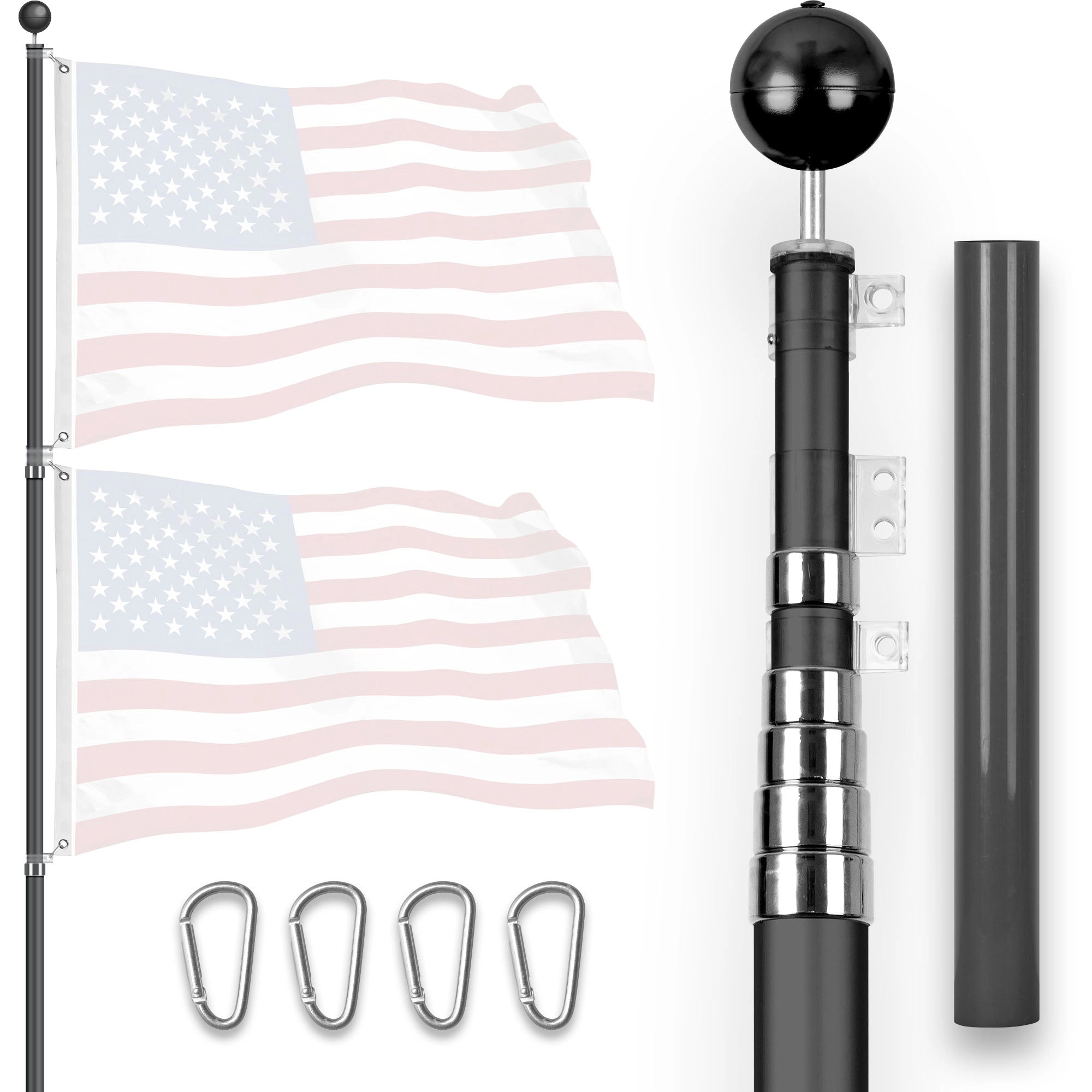 G128 20Ft Telescoping Aluminum Black Flagpole - Inground Heavy-Duty Telescopic Flag Pole, Adjustable 6 to 20 Ft