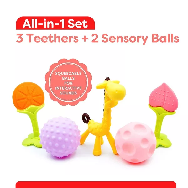 Sperric Silicone Baby Teething Toys 5 Pack, Sensory Balls & Fruit Teethers for Infant 0‑12 Months, BPA‑Free Freezer Safe