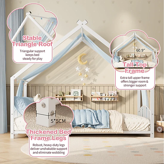 Kids Metal Montessori Floor Bed with House-Shaped Roof, Full-Length Guardrails and Low Profile