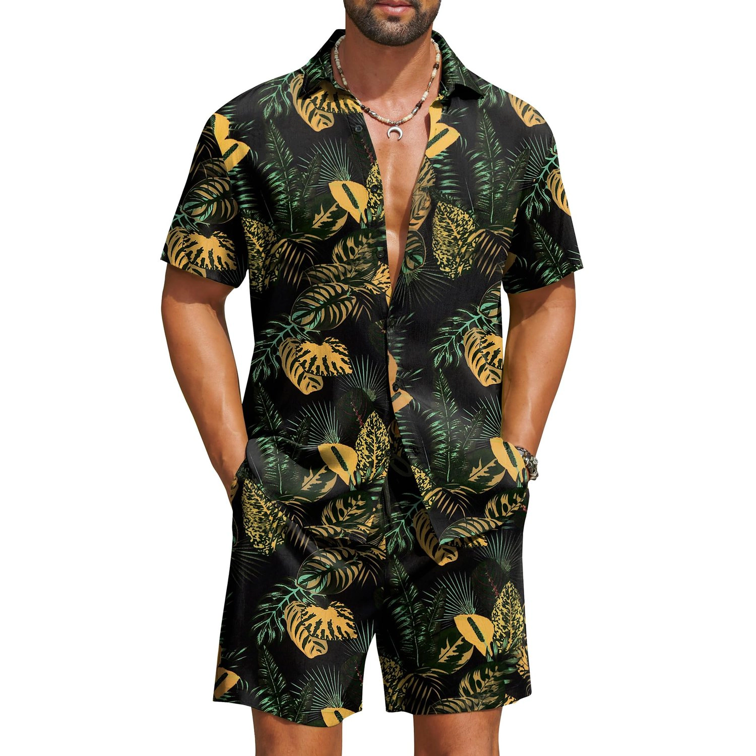 COOFANDY Mens Tropical Leaf Print Short Sleeve Shirt Shorts Set  Beach Outfit