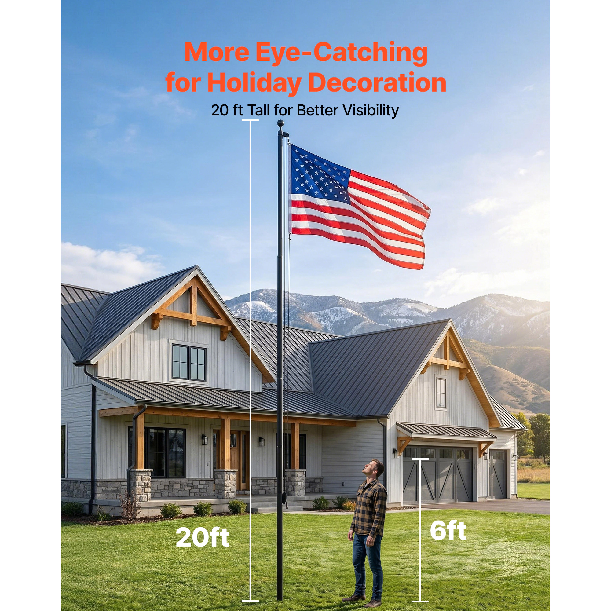 HONGGE 20 ft Sectional Flag Pole Kit, Heavy Duty Aluminum In-Ground Flagpole with 3x5 American Flag