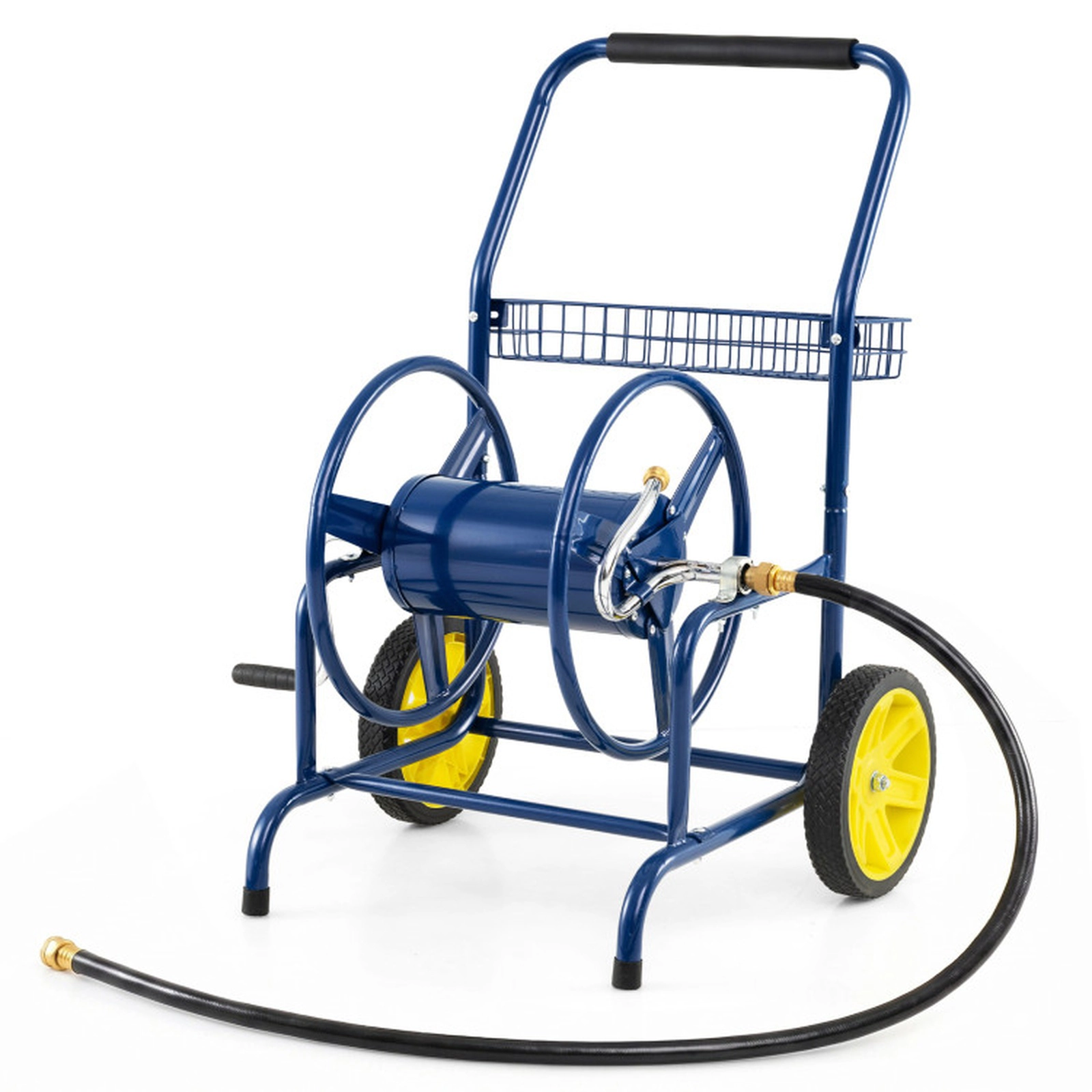 SUGIFT Metal Garden Hose Reel Cart with 2 Wheels and Storage Basket 230-ft Capacity Silver/Blue/Green