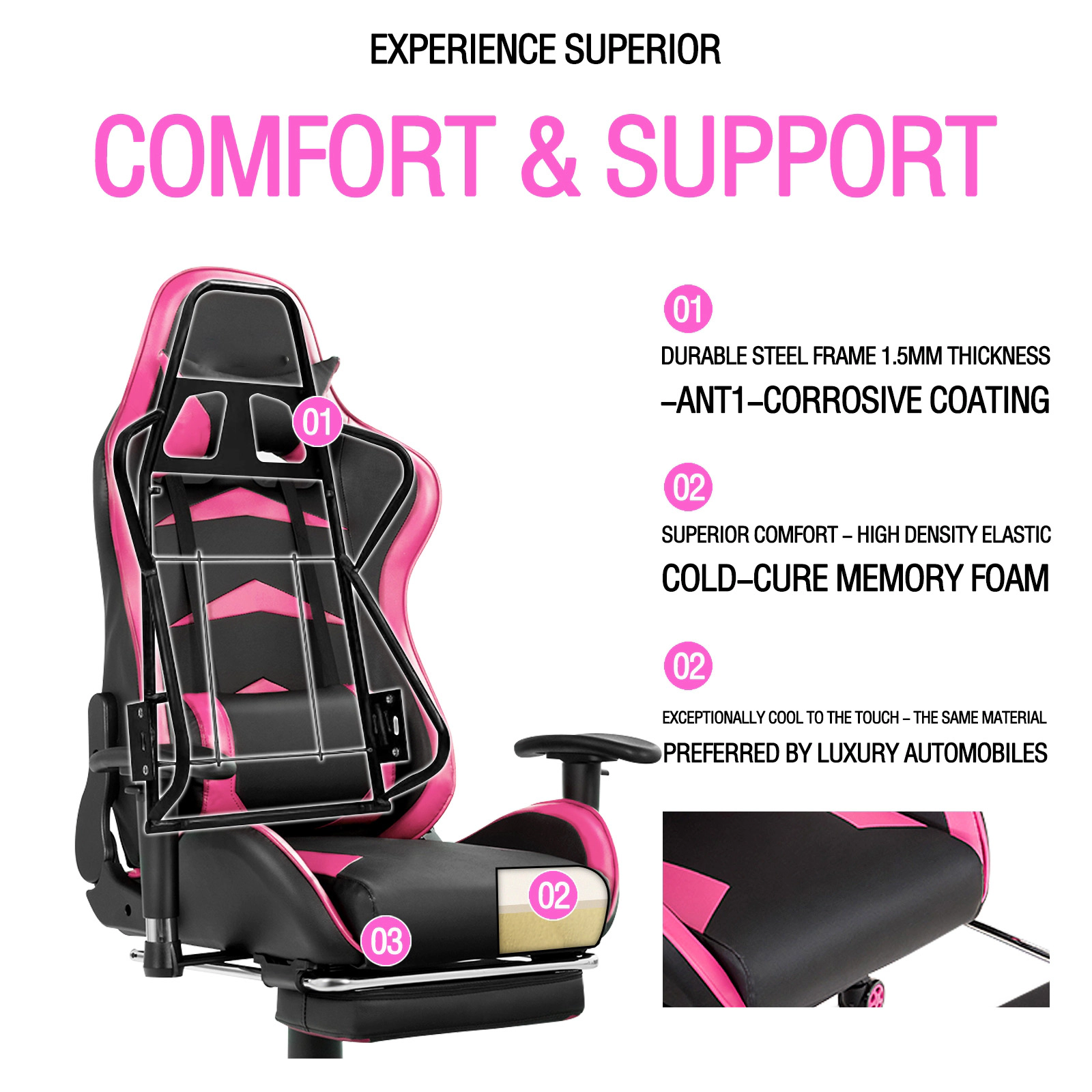 SUGIFT Pink Retractable Footrest and Rotatable Armrests Massage Gaming Chair