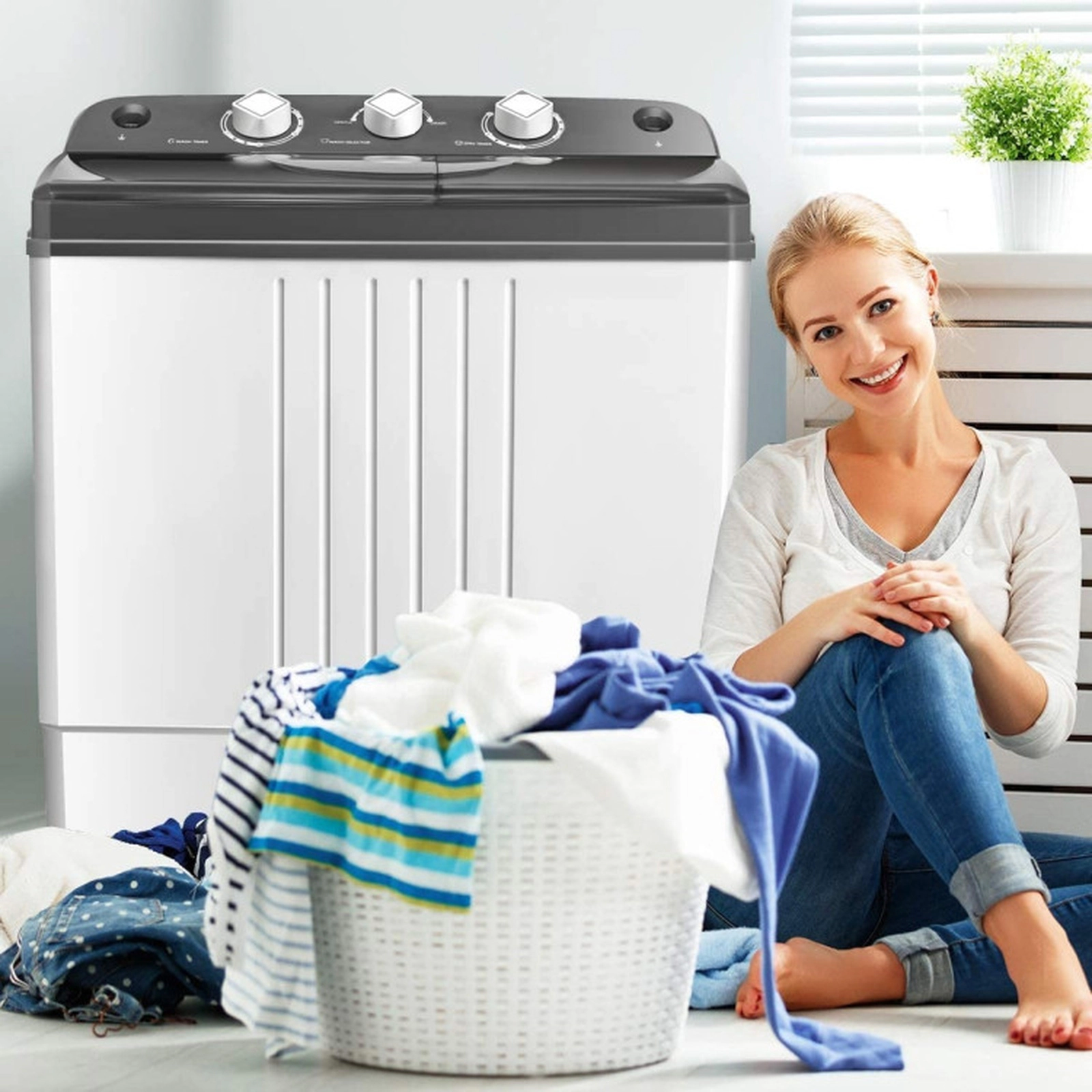 SUGIFT 20-lb Semi-Automatic Twin-Tub Washing Machine 12-lb Washer 8-lb Spinner 25-in Wide Compact Black/Blue/Gray