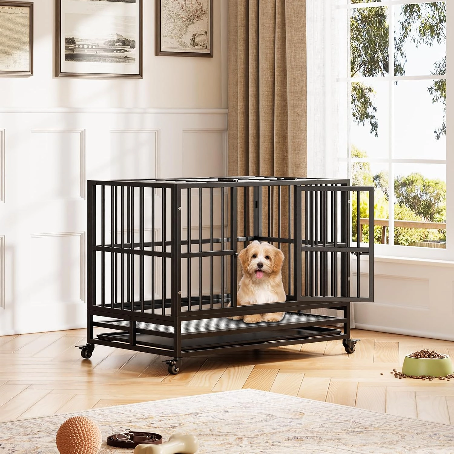 37 Inch Heavy-Duty Foldable Metal Dog Crate, Pet Kennel with Removable Waste Tray