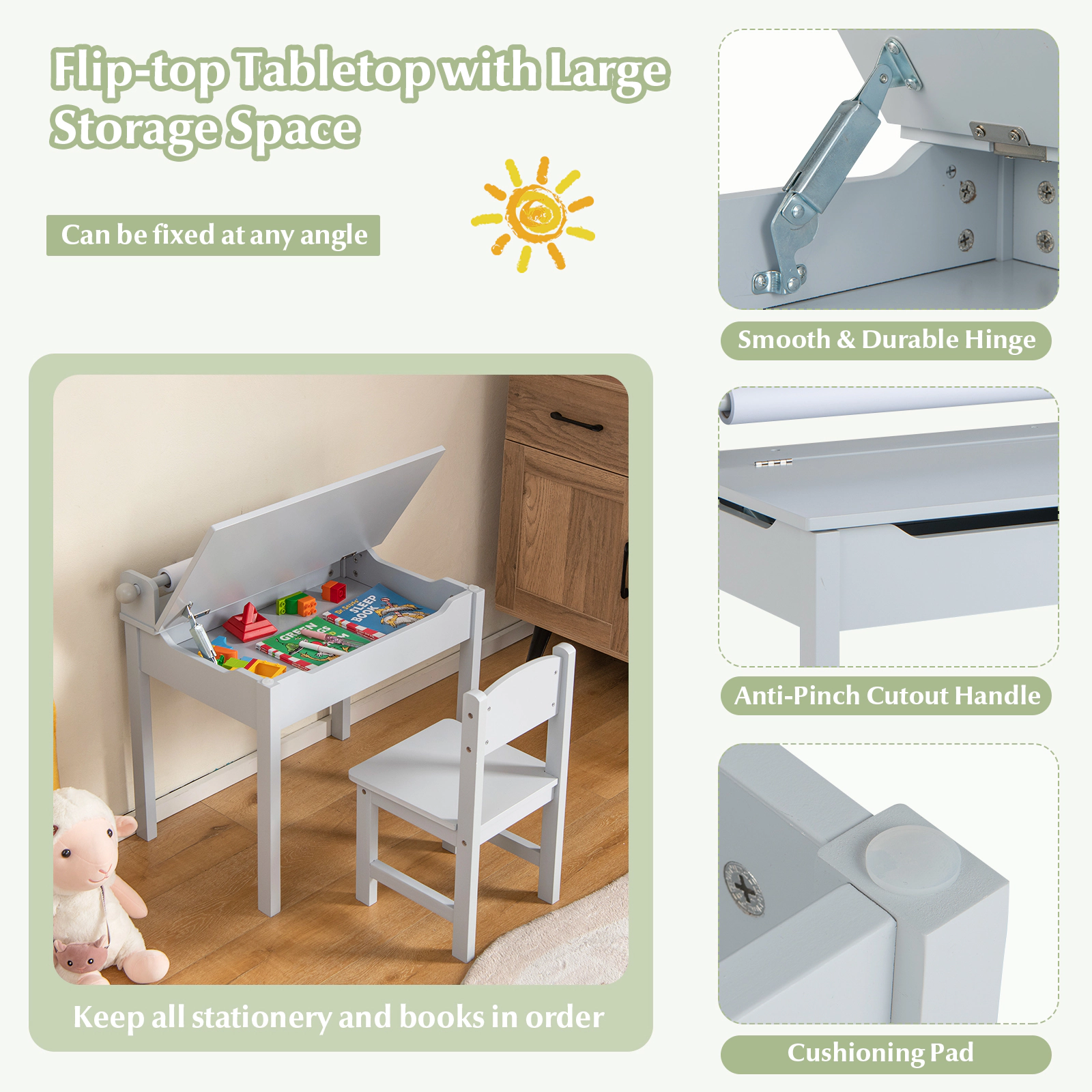 SUGIFT Gray Paper Roll Holder and Flip-Top Storage Wooden Kids Table and Chair Set