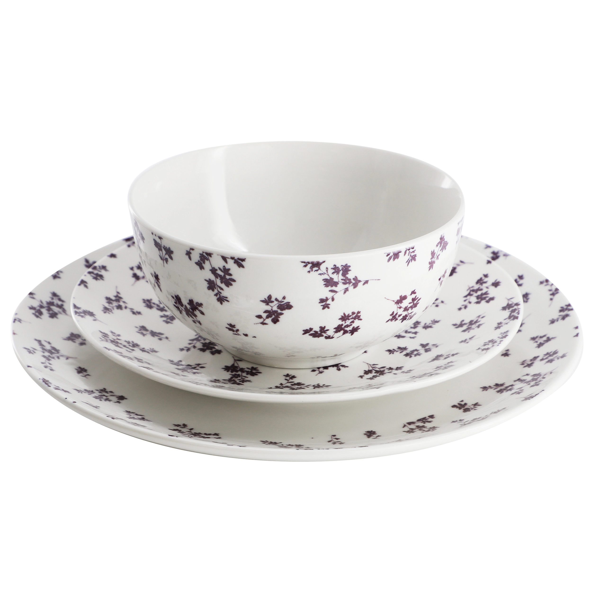 Gibson Home Mountain Thistle Fine Ceramic 12 Piece Dinnerware Set in Purple