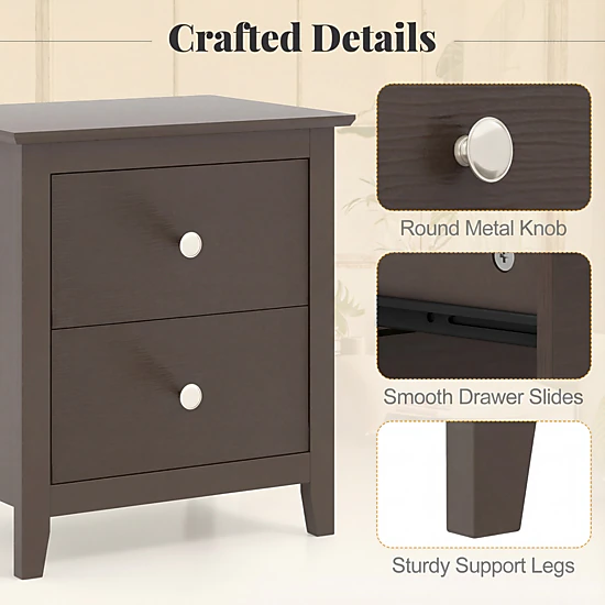 Glintex 2-Piece Modern Nightstand Set with 2 Drawers and Round Metal Knobs, Black