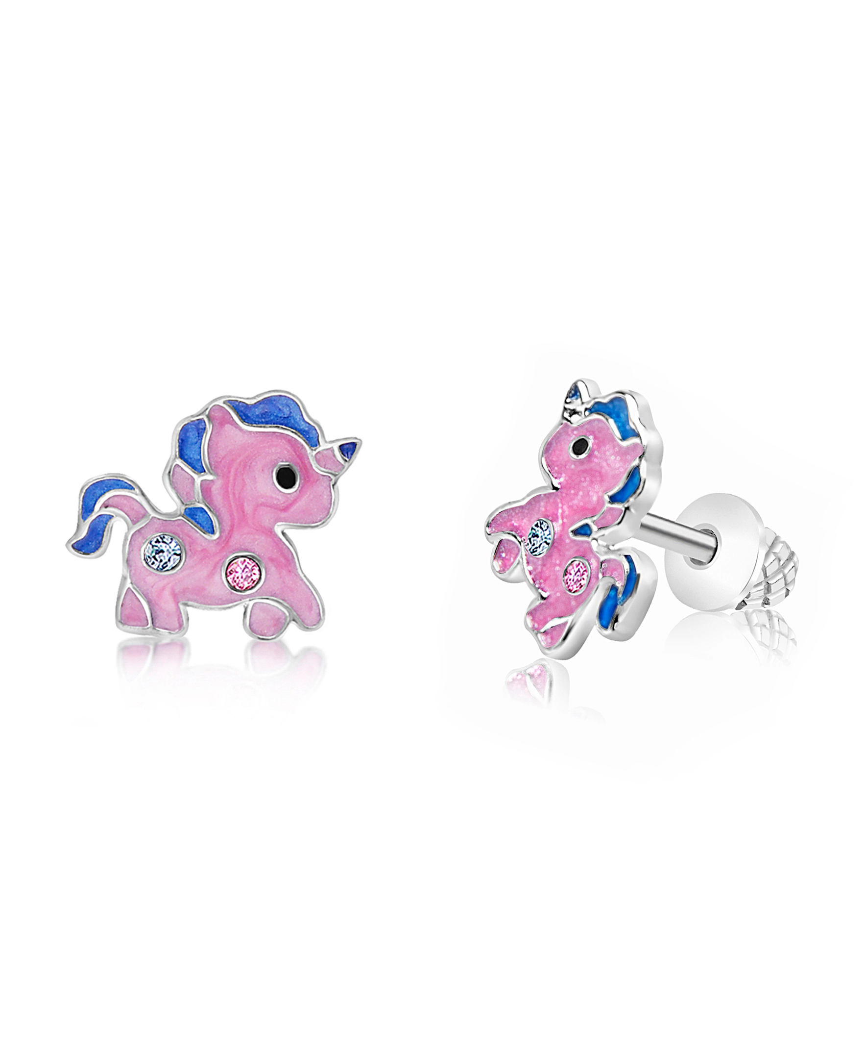 CHANTEUR Kids Unicorn Enamel Crystal Stud Earrings - White Gold Palladium Plating, Screw Back, Titanium Posts