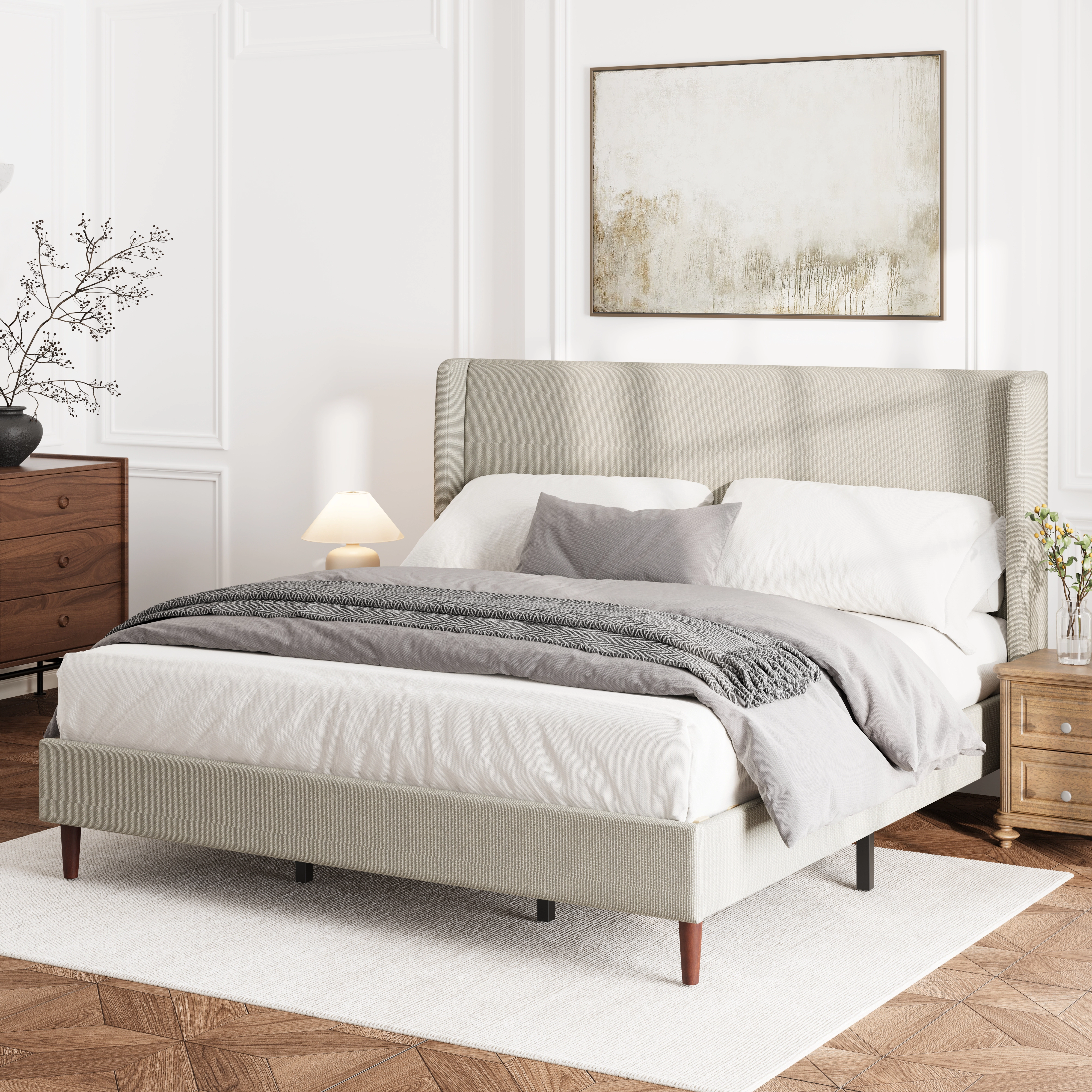 Flynama King Upholstered Bed with High Linen Headboard, 12-Slat Support, Beige