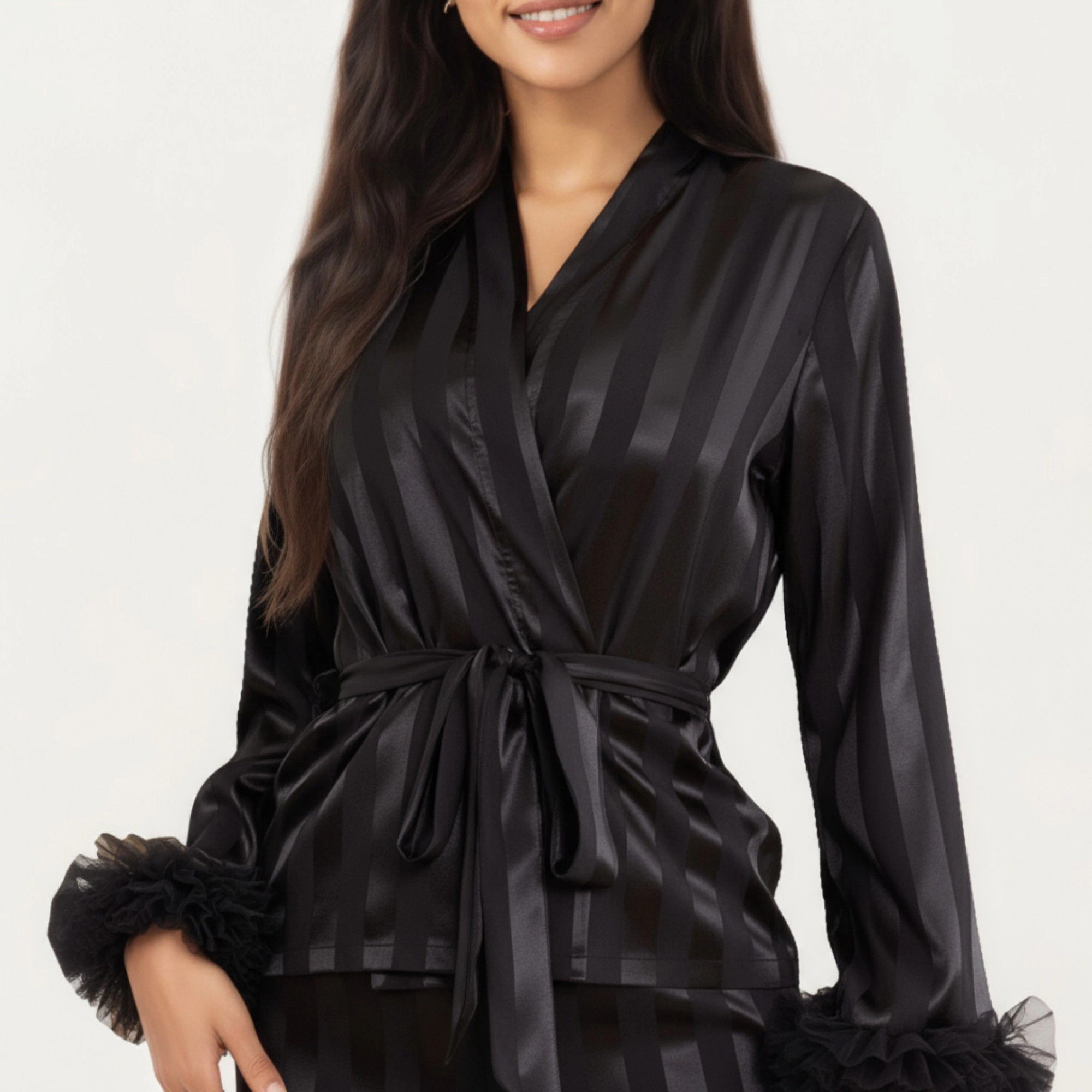 Anna-Kaci Women's 2-Piece Satin Wrap Long Sleeve Feather Trim Top and Straight Leg Pants
