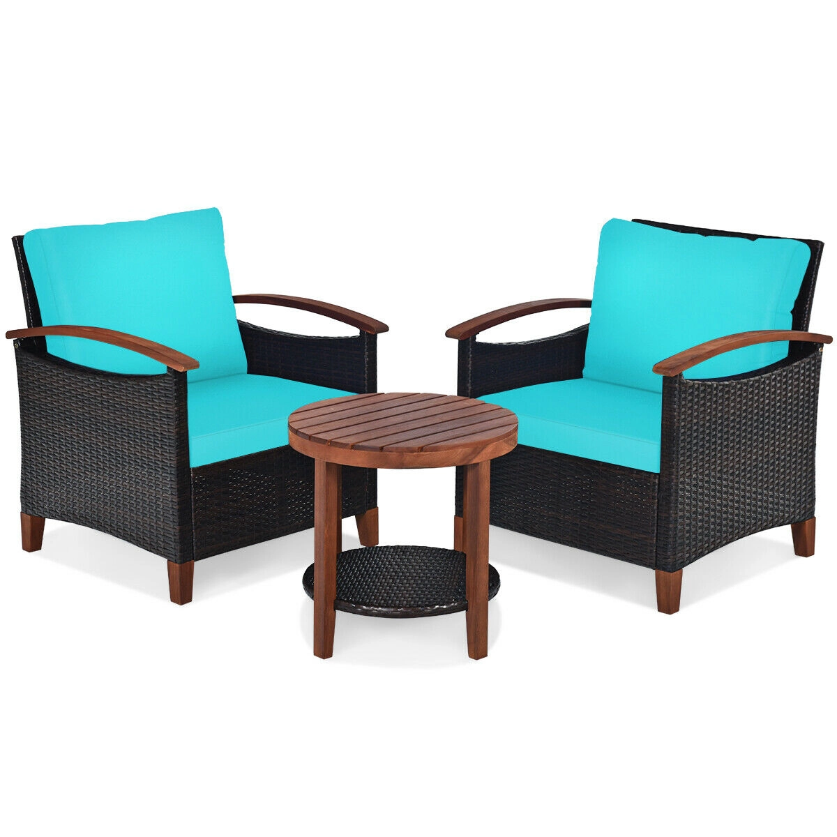SUGIFT 3-Piece Turquoise Rattan Patio Set with Acacia Wood Frames