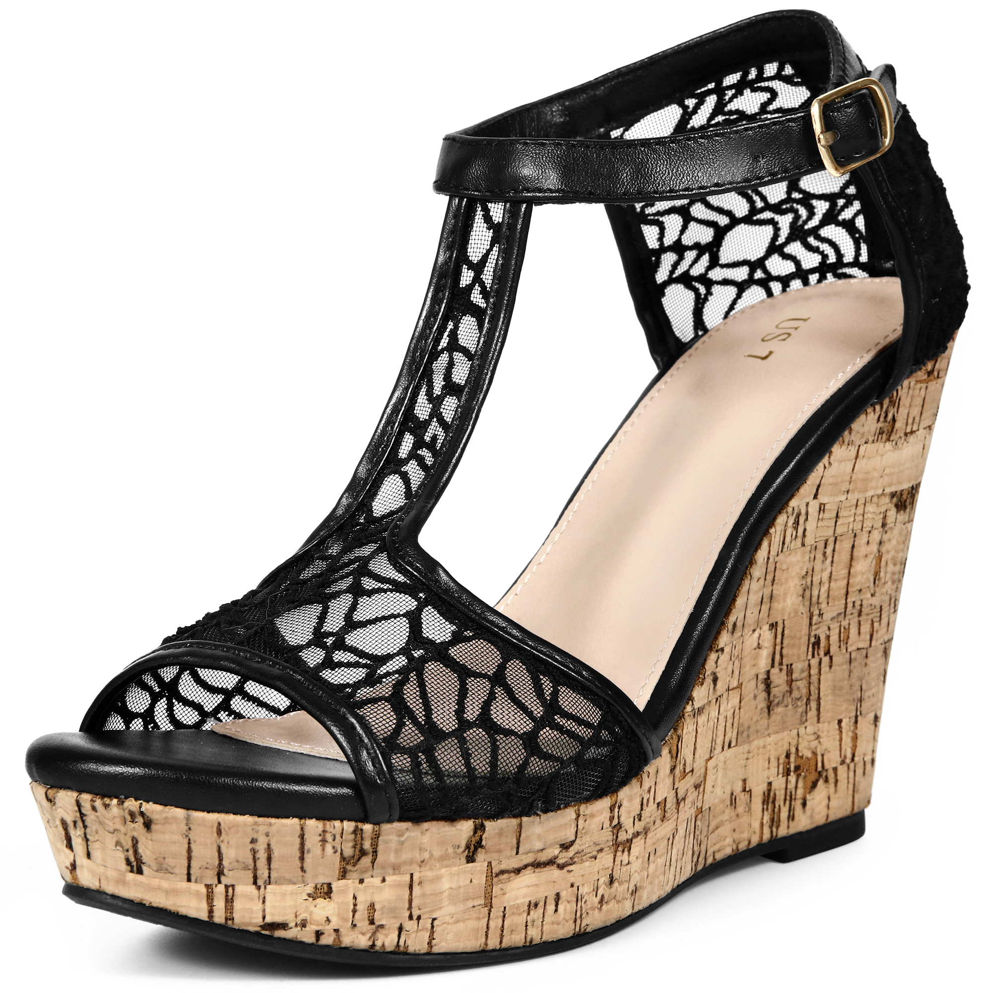 BLISSFUL STEP Women's Lace Open Toe T-Strap Platform Wedge Heel Sandals