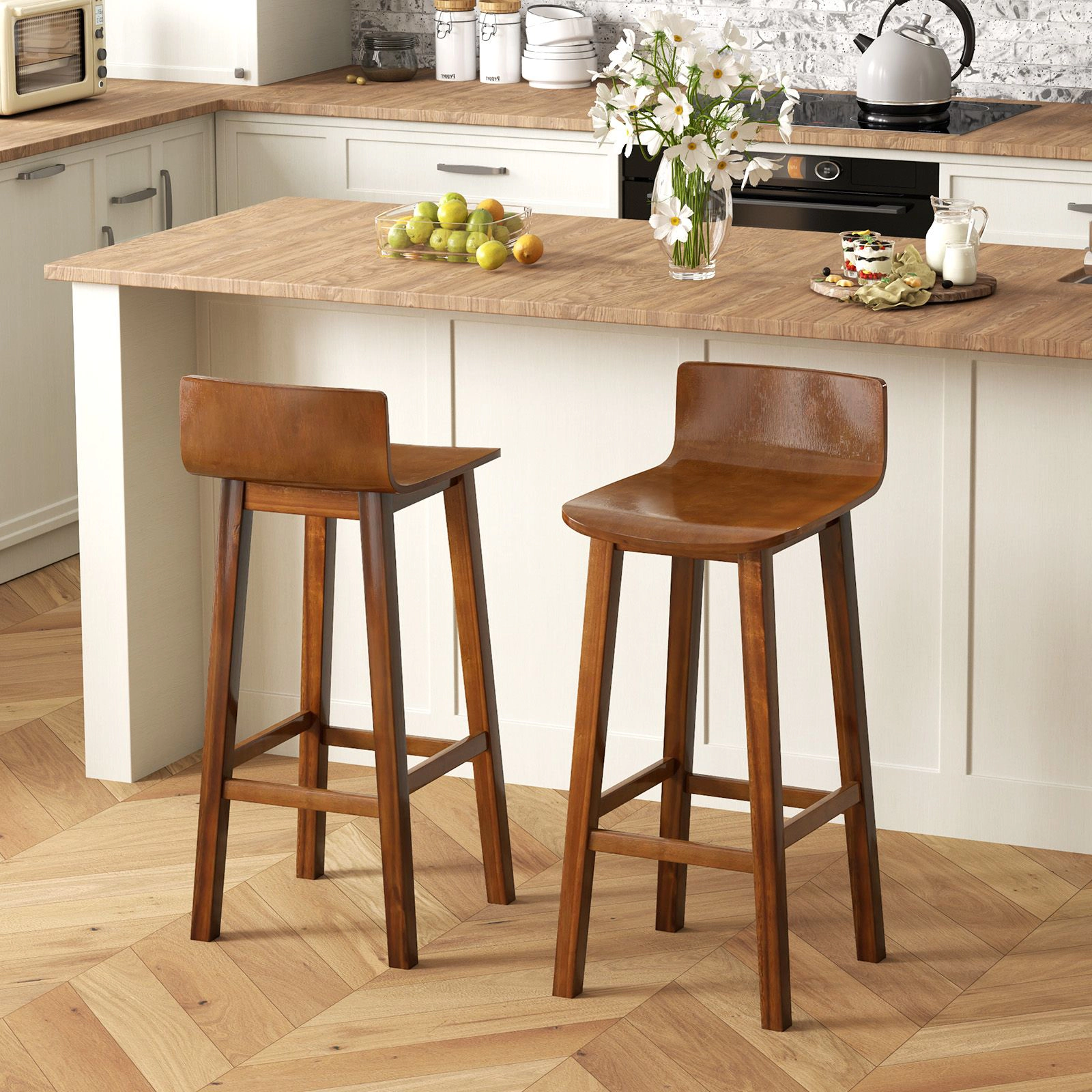 SlickBlue Set of 2 Walnut Counter Height Bar Stools with Curved Seat and Footrest Set