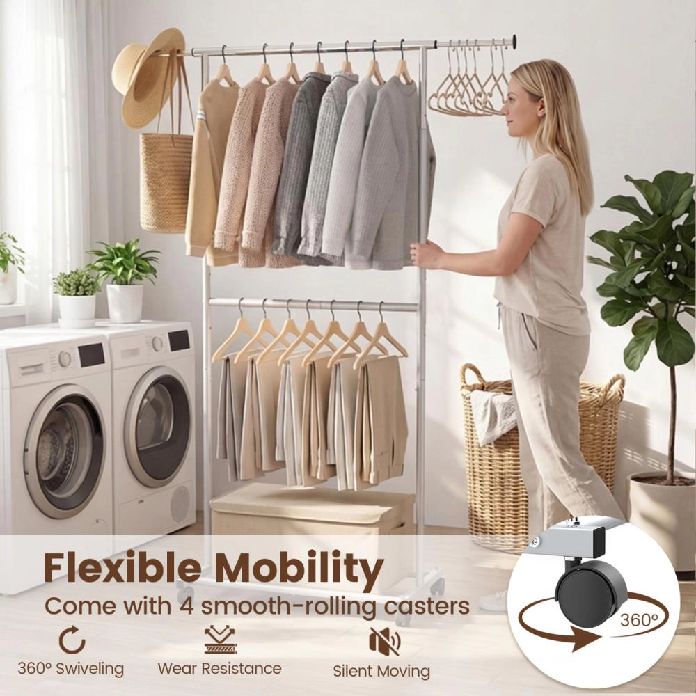 Hivvago Rolling Clothes Rack Double-Rod Extendable Garment Stand For Hanging Clothes