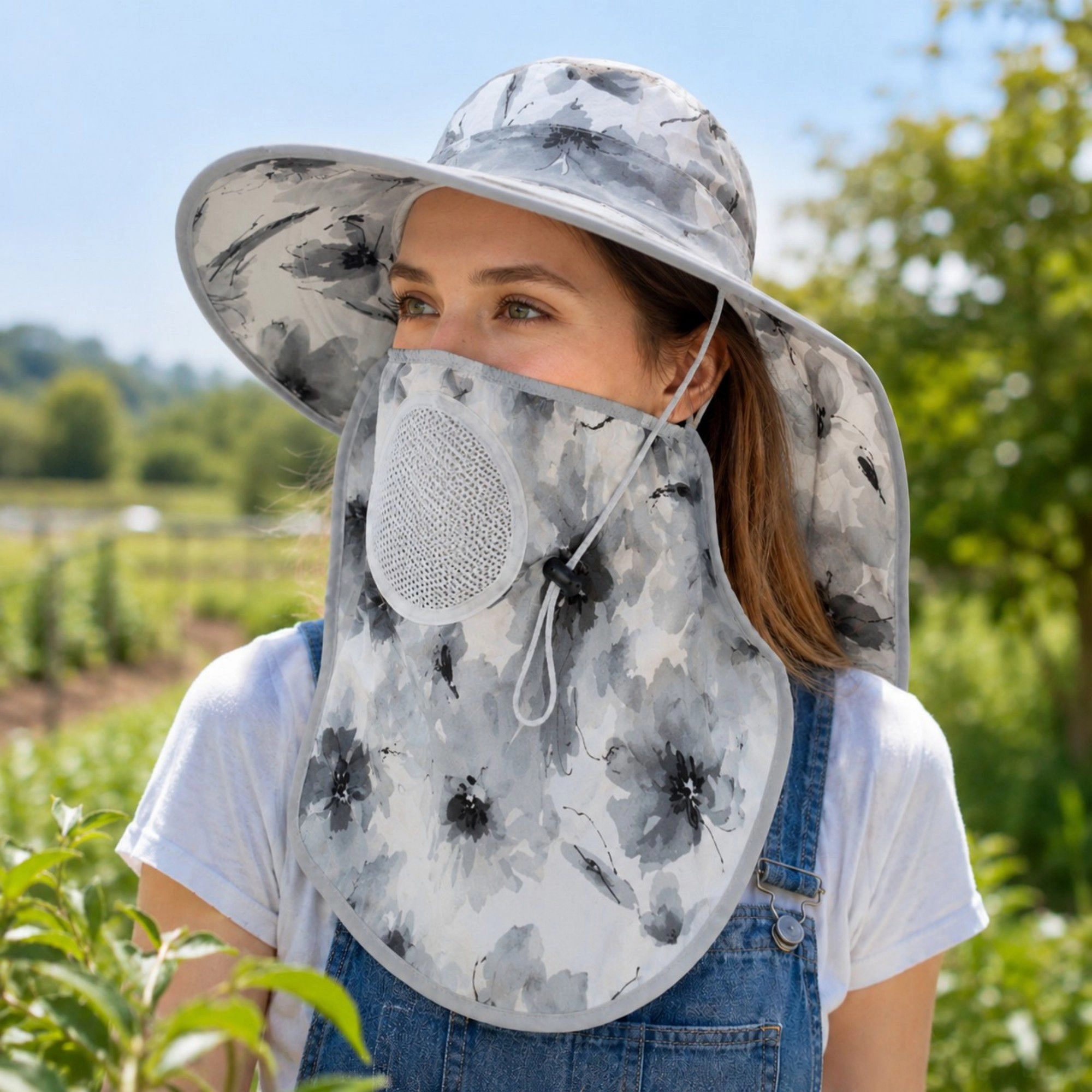 Alilang Women's Floral Wide Brim Sun Hat with Face Cover Neck Flap and Mesh Breathing Panel