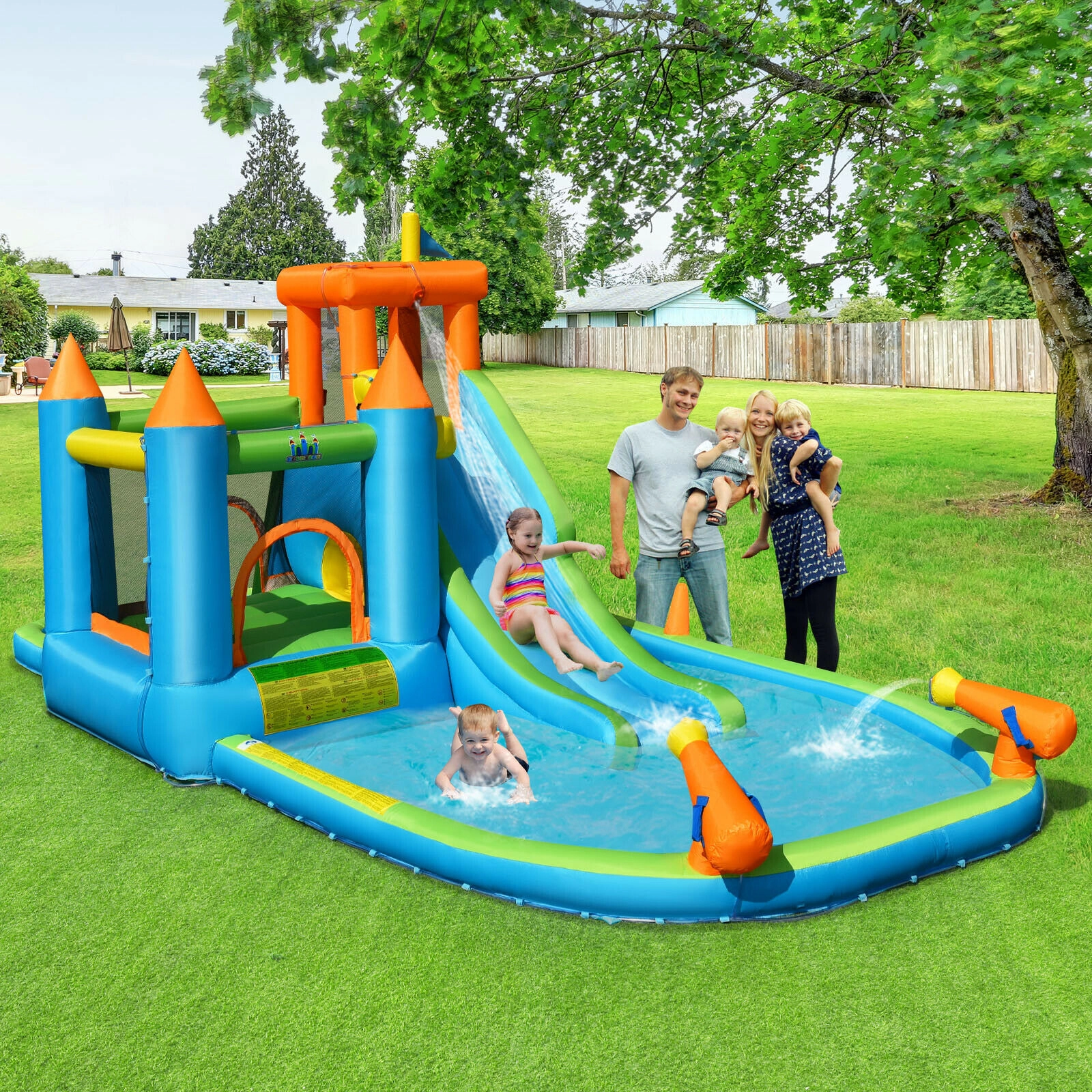 LJG Inflatable Water Slide Kids Bounce House Splash Water Pool with 735W Blower