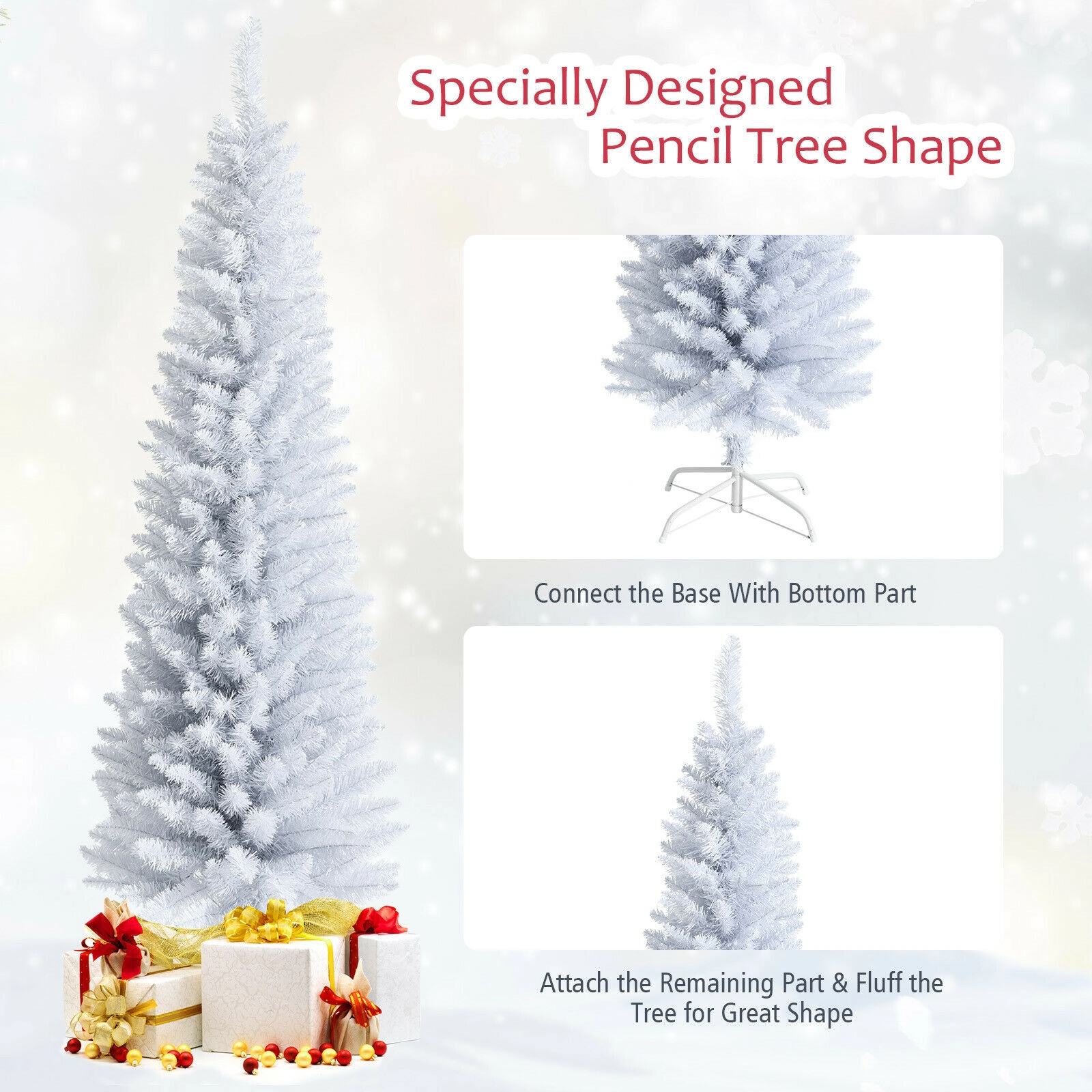 SUGIFT 6 ft White Slim Pencil Christmas Tree Unlit Artificial Xmas Tree with Metal Stand