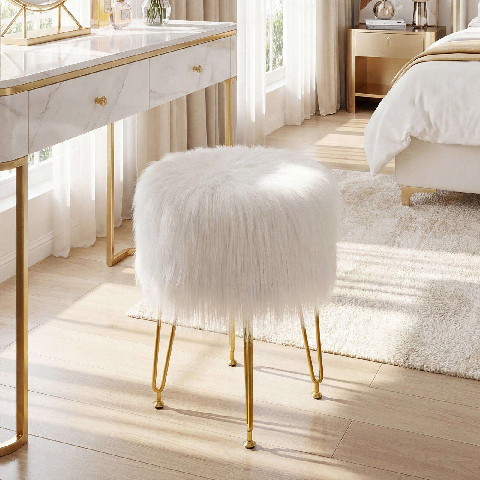 SUGIFT Faux Fur Vanity Stool Chair with Metal Legs 330-lb Capacity White