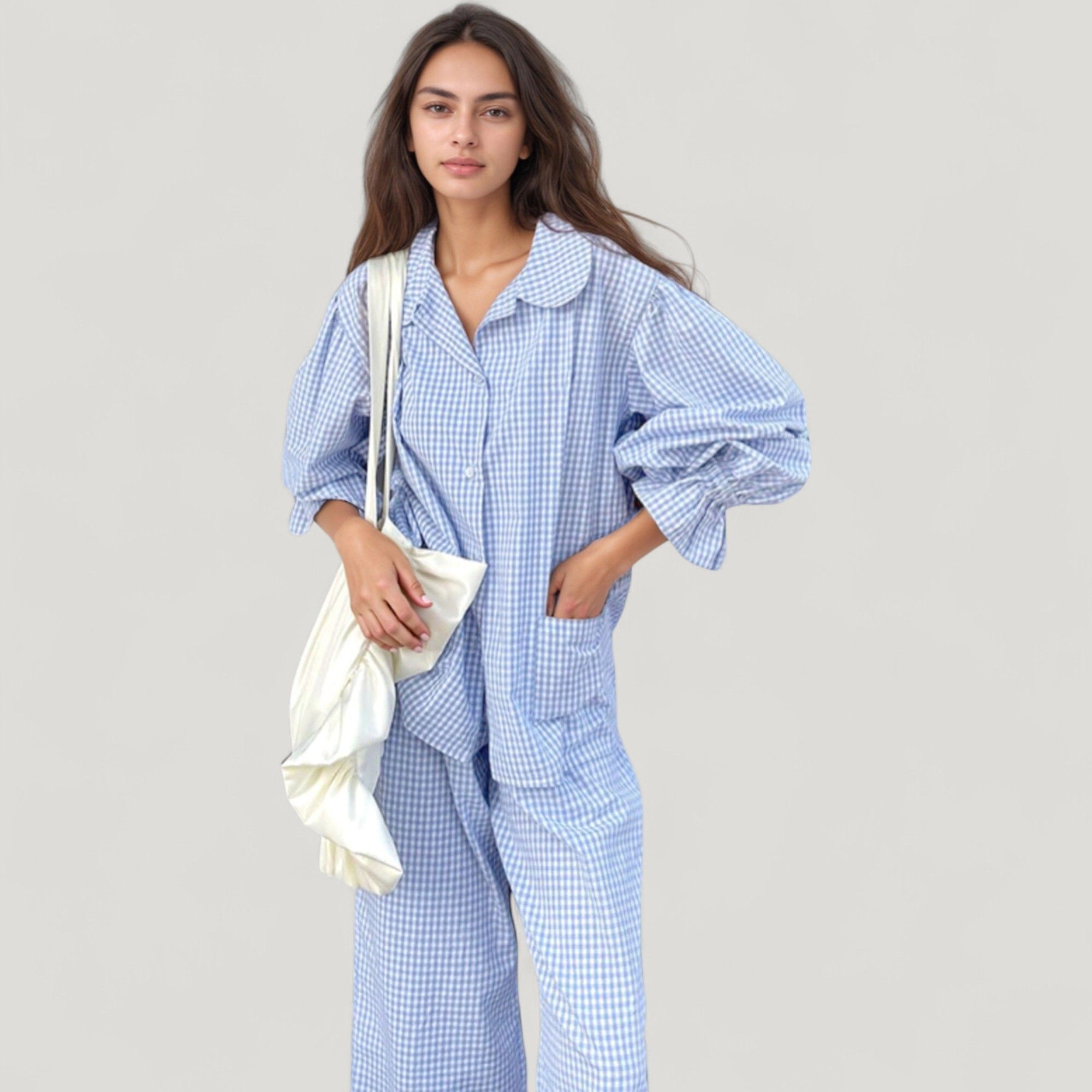 Anna-Kaci Women's Gingham Button Down Pajama Set with Long Sleeve Collared Top and Ruffle Hem Wide Leg Pants