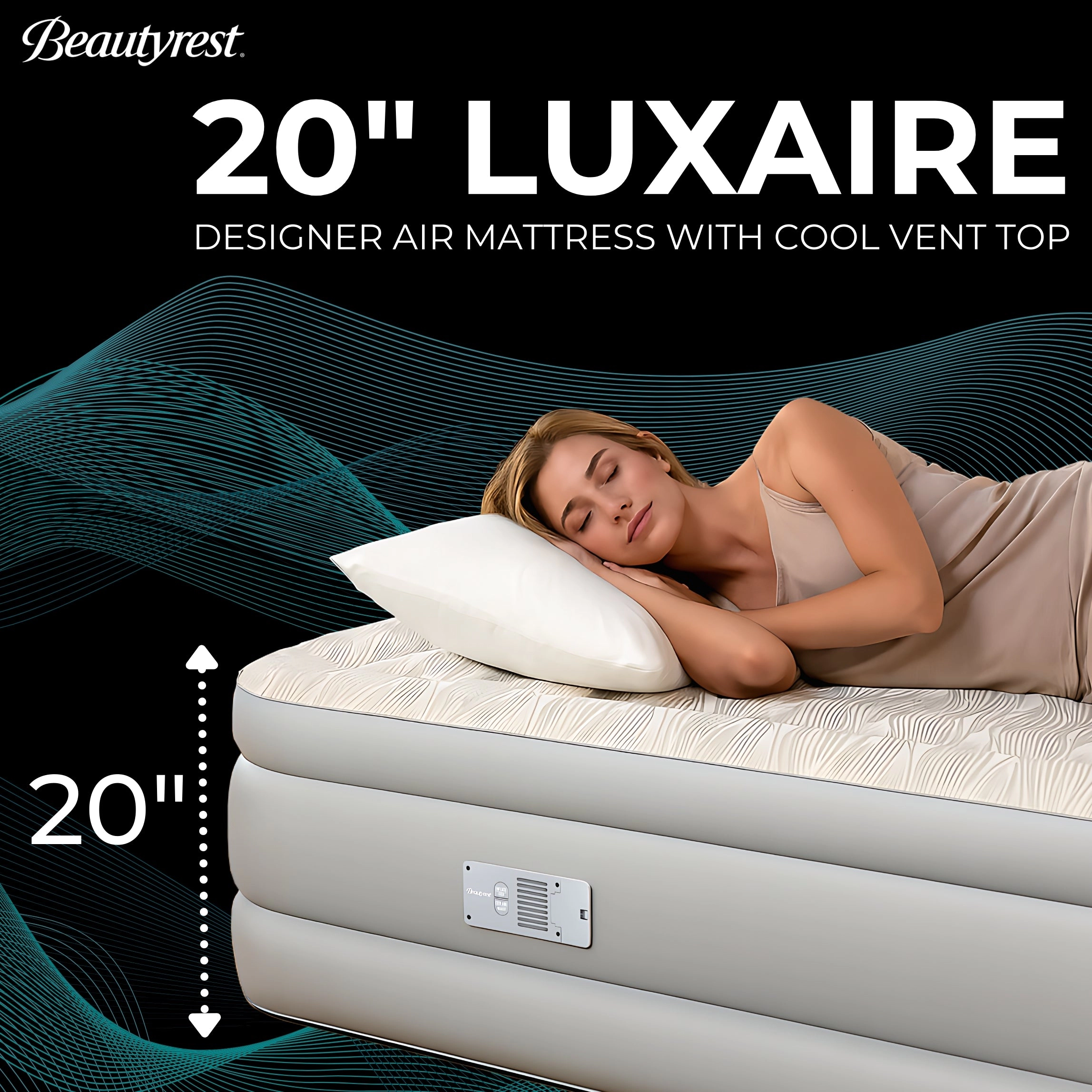 Beautyrest 20 in. Luxaire Queen Raised Air Mattress Cooling Top, Auto Shutoff Pump, Durable Air-Tight Construction