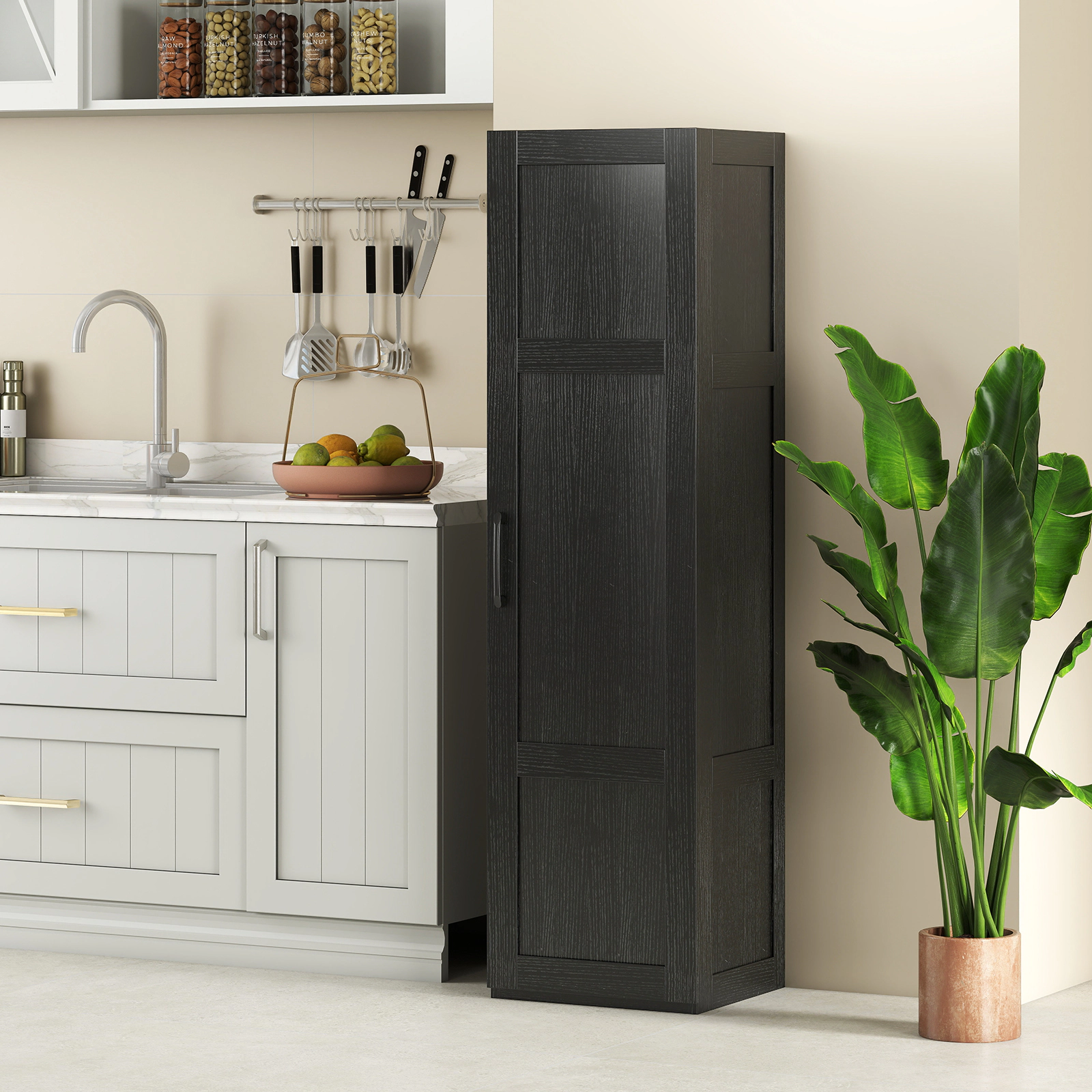 Slickblue Tall Storage Cabinet Black Wood Grain Bathroom Kitchen Organizer Cabinet