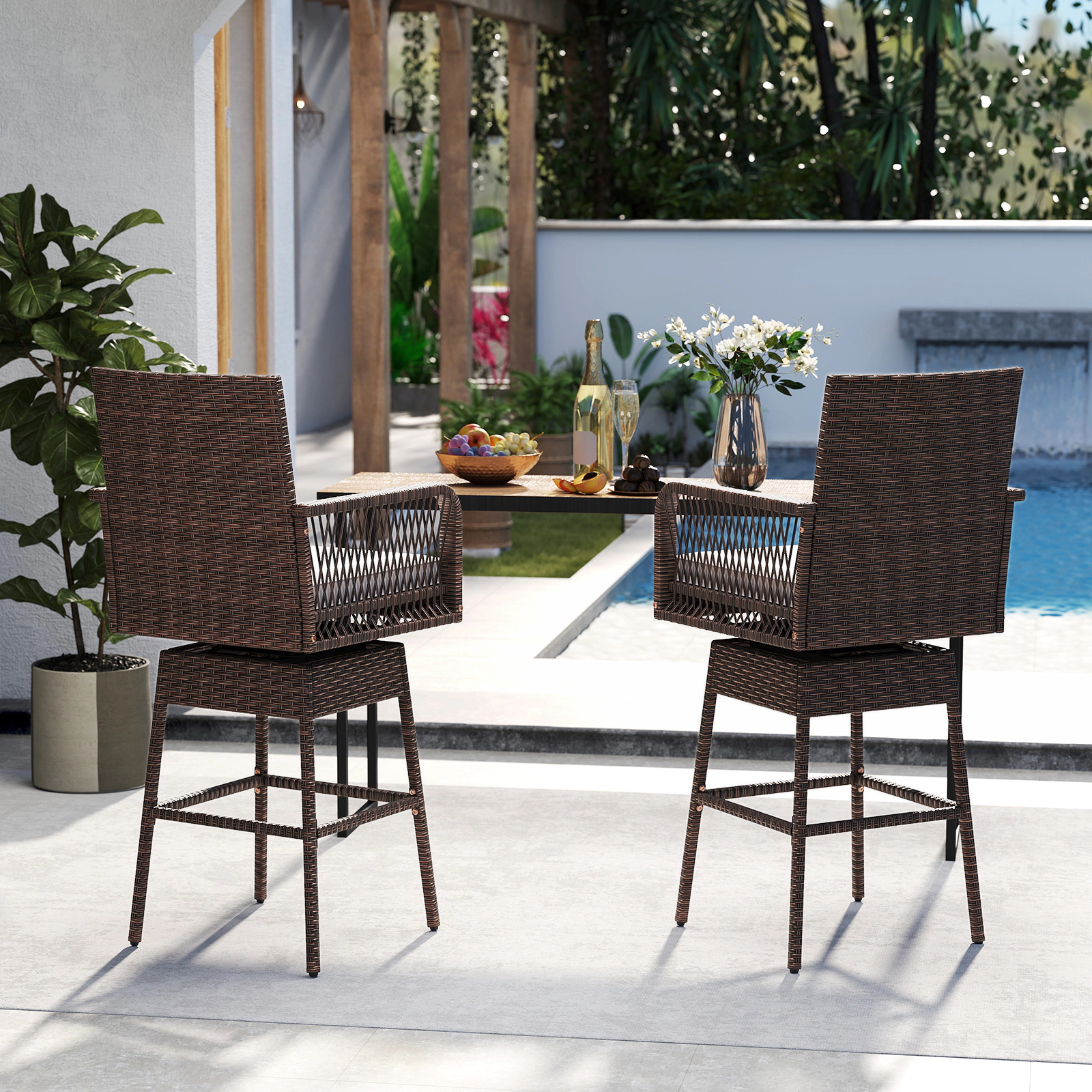 LJG 29 Inches Patio 360° Swivel Bar Stool with Cross-Woven Armrests and Seat Cushion