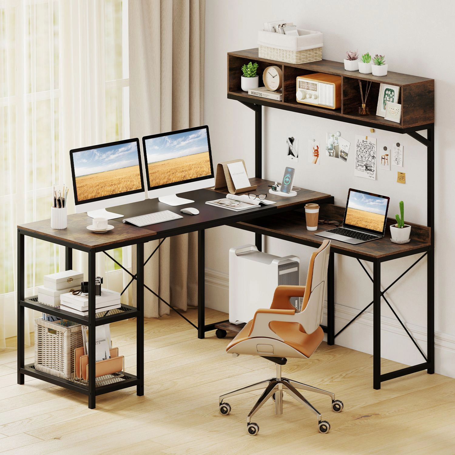 SlickBlue L-Shaped Gaming Desk with Storage Shelves and Power Station