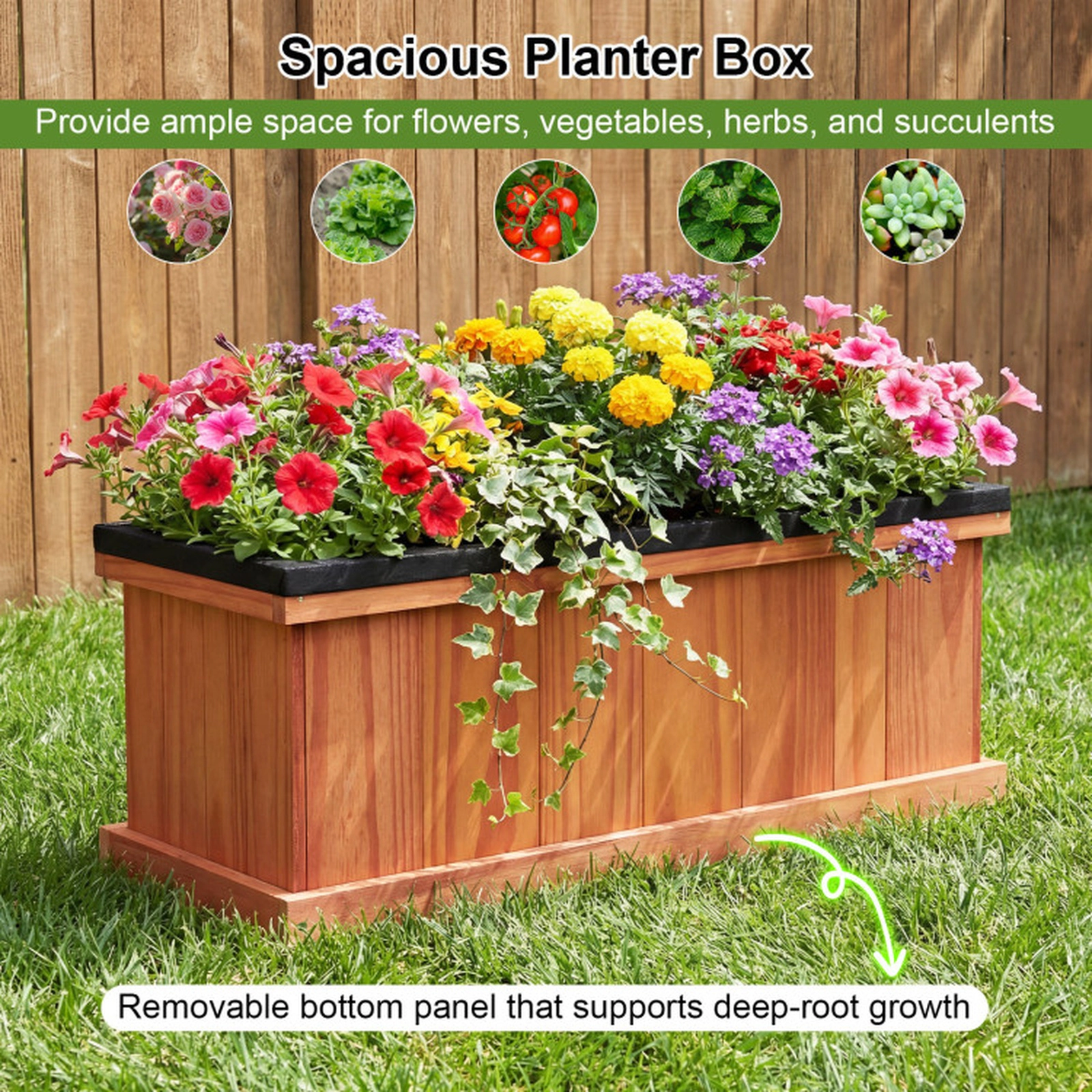 SUGIFT 88-lb Capacity 28-in Pine Wood Raised Garden Bed Planter Box with Drainage Holes Liner and Detachable Base