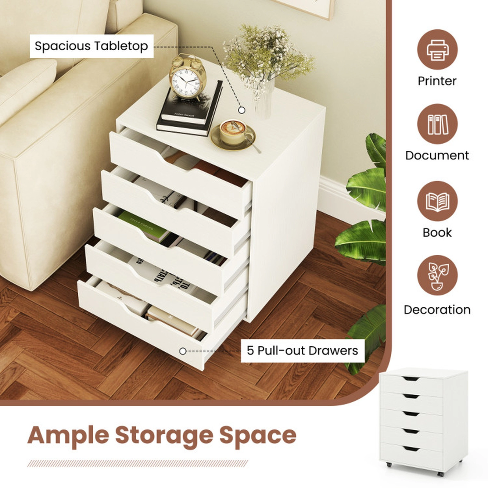 SUGIFT 19-in White 155-lb Capacity 5-Drawer Rolling Storage Cabinet Console with Cut-Out Handles