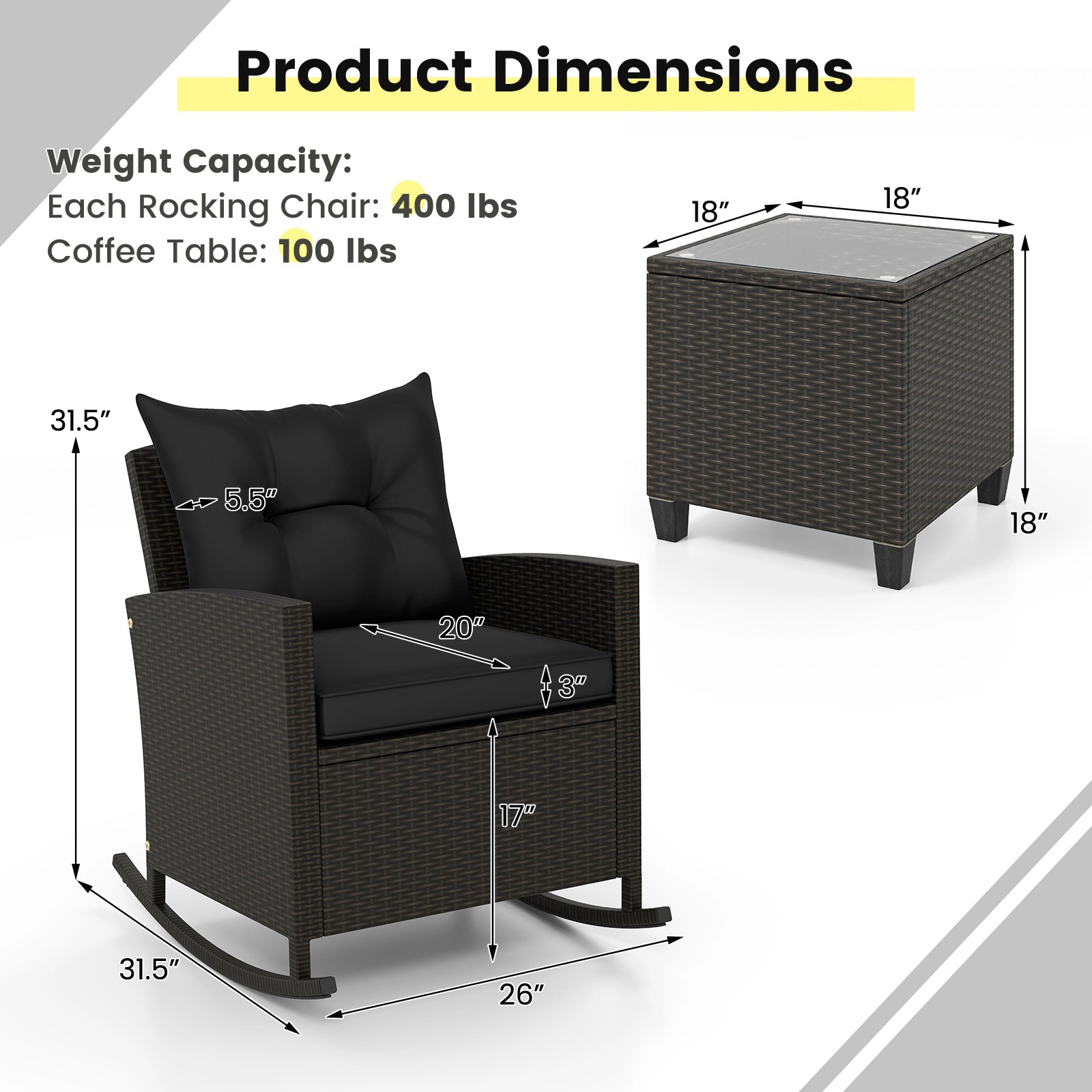 SUGIFT Rocking Conversation Set with Tempered Glass Coffee Table 400-lb Chair Capacity Black Rattan with Soft Cushions