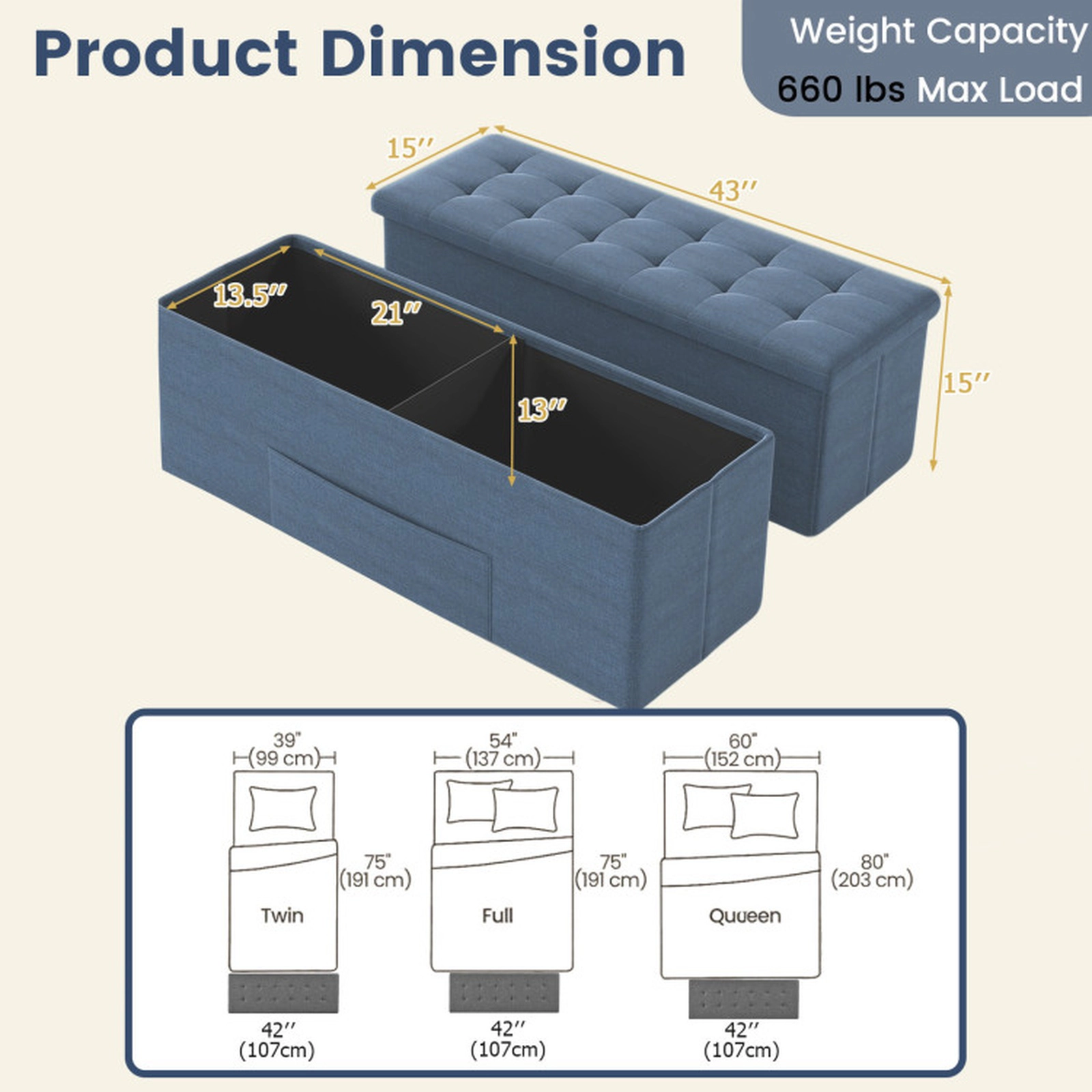 SUGIFT 43-Inch Folding Storage Ottoman Bench, Dark Gray Linen Seat, 38-Gallon Capacity