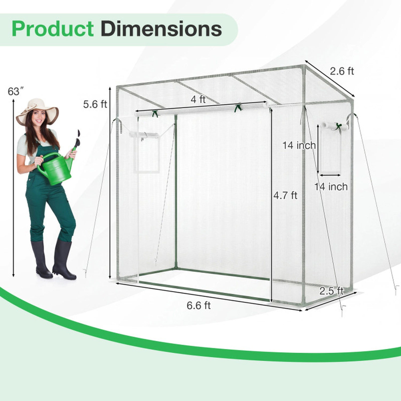 SUGIFT 6.6-ft x 2.5-ft Walk-in Greenhouse with PE Cover Roll-Up Zipper Door and 2 Mesh Screen Windows