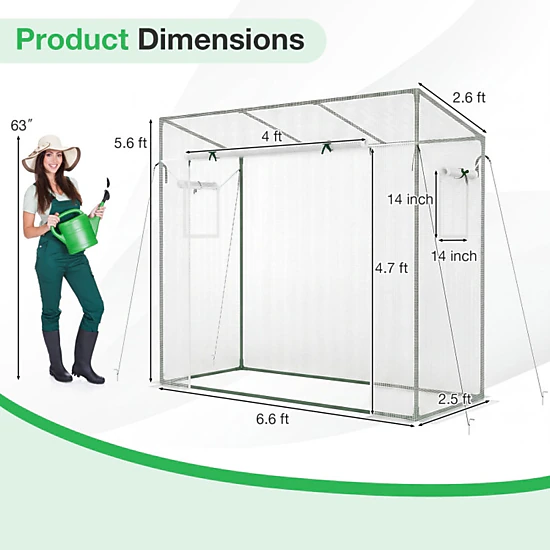 SUGIFT 6.6-ft x 2.5-ft Walk-in Greenhouse with PE Cover Roll-Up Zipper Door and 2 Mesh Screen Windows