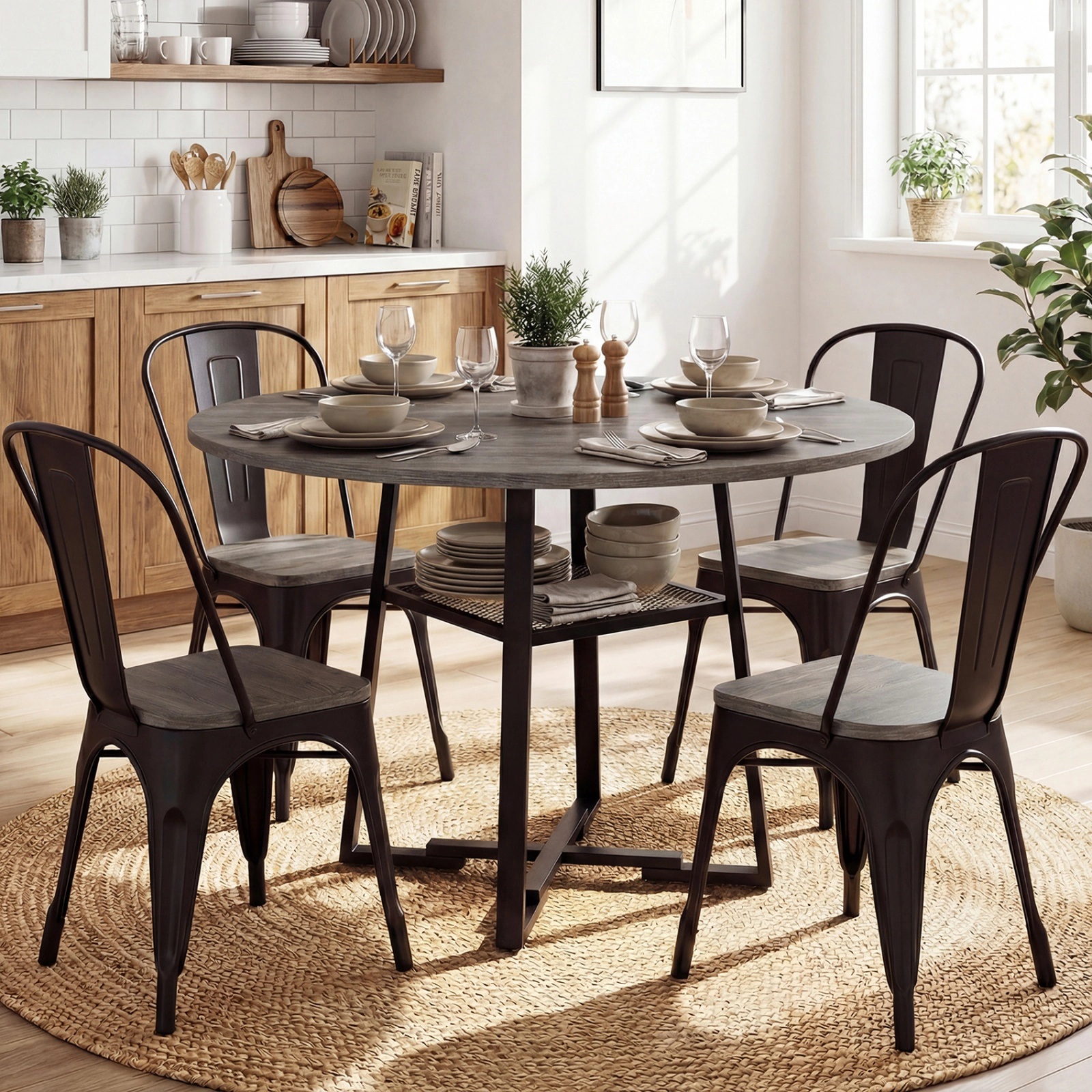 SUGIFT 47.5-in Round Dining Table for 4-6 with Storage Shelf 330-lb Tabletop Capacity Rustic Brown and Black Gray