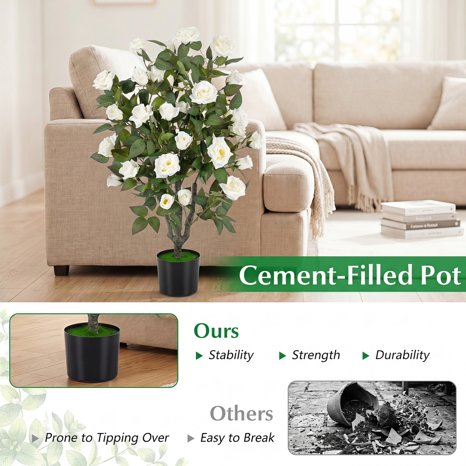 SUGIFT Set of 2 Artificial Rose Trees with Blooming Flowers in 6 x 5 in Pots 35.5-in Tall Indoor White and Green