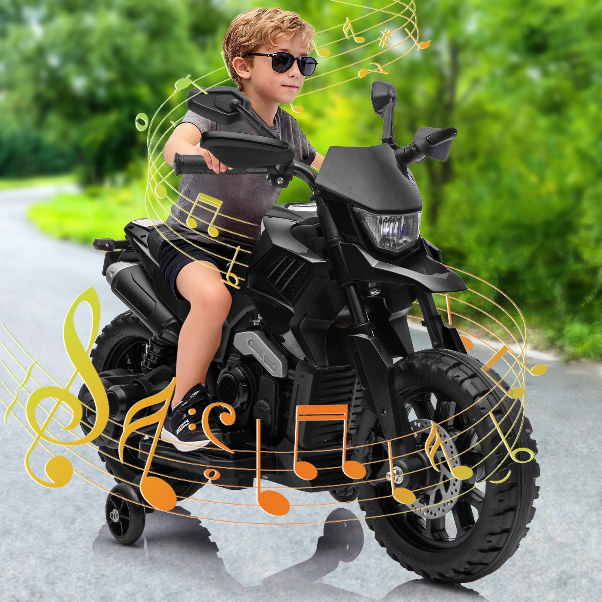Enjyam 6v Electric Dirt Bike, Kids Ride on Motorcycle with Traning Wheels, 2-5 MPH, Headlight & Music