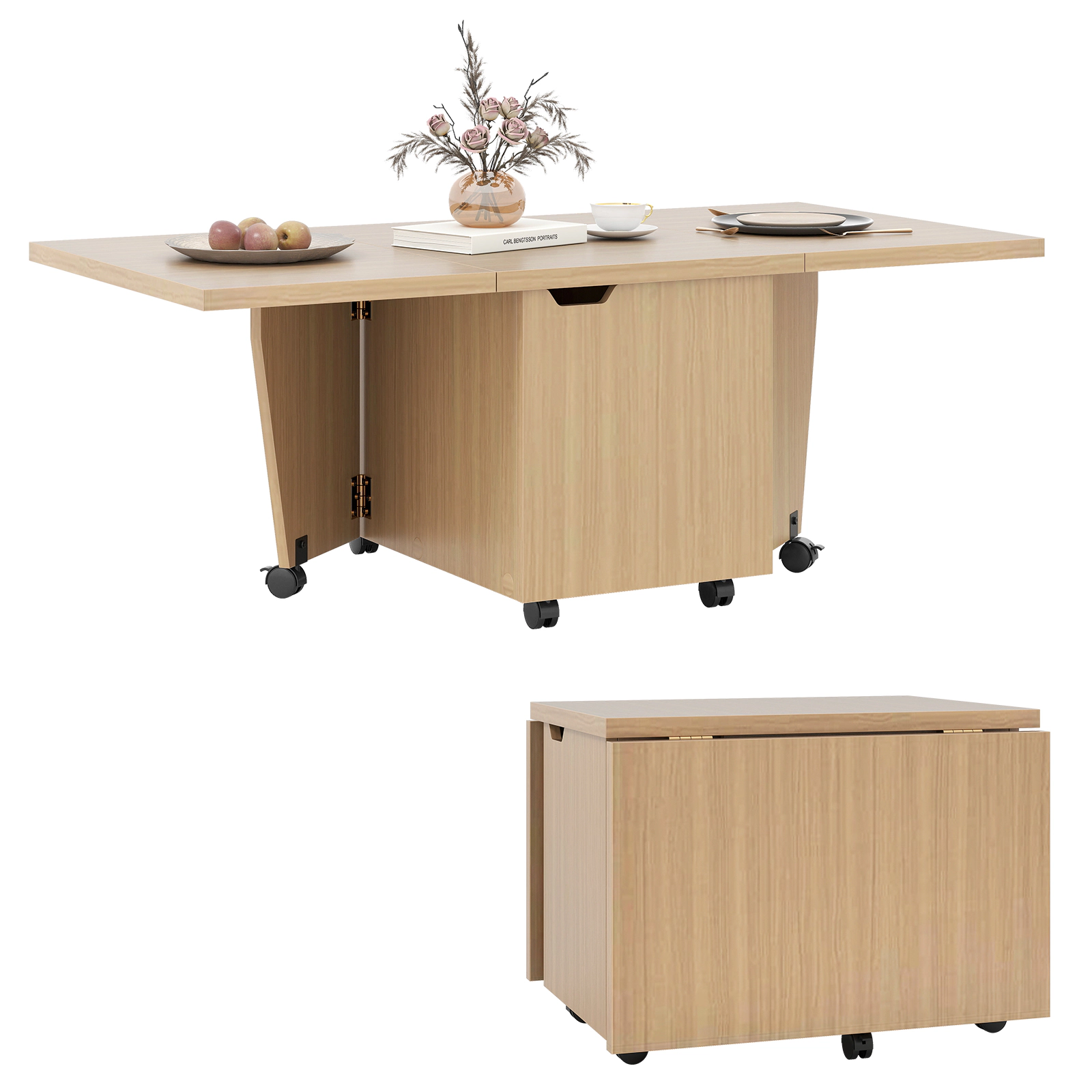 Glintex Foldable 48-Inch Coffee Table with 2-Door Cabinet and Wheels