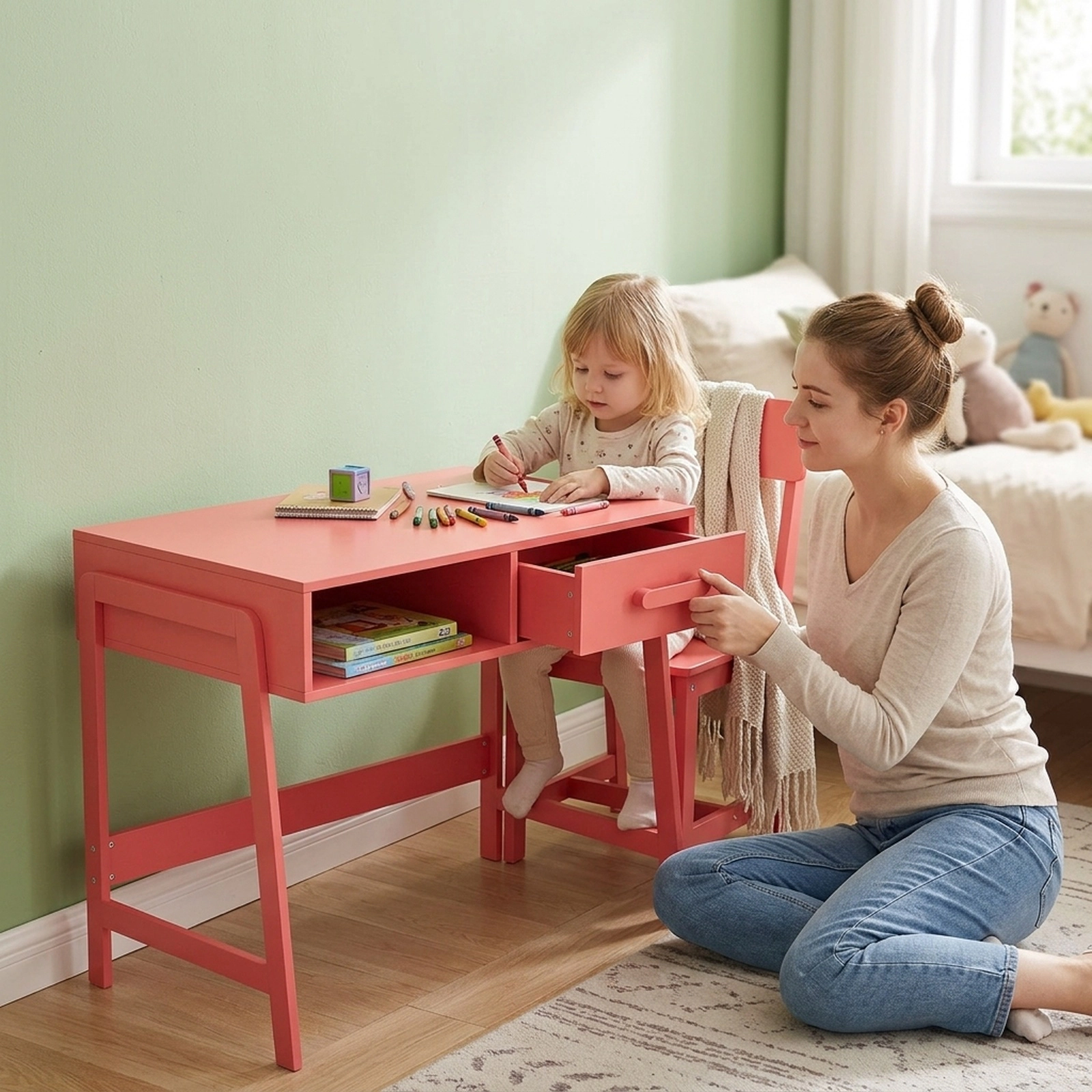 SUGIFT Kids Desk and Chair Set, 33.5 in Study Table with Hutch, Drawer, Pink